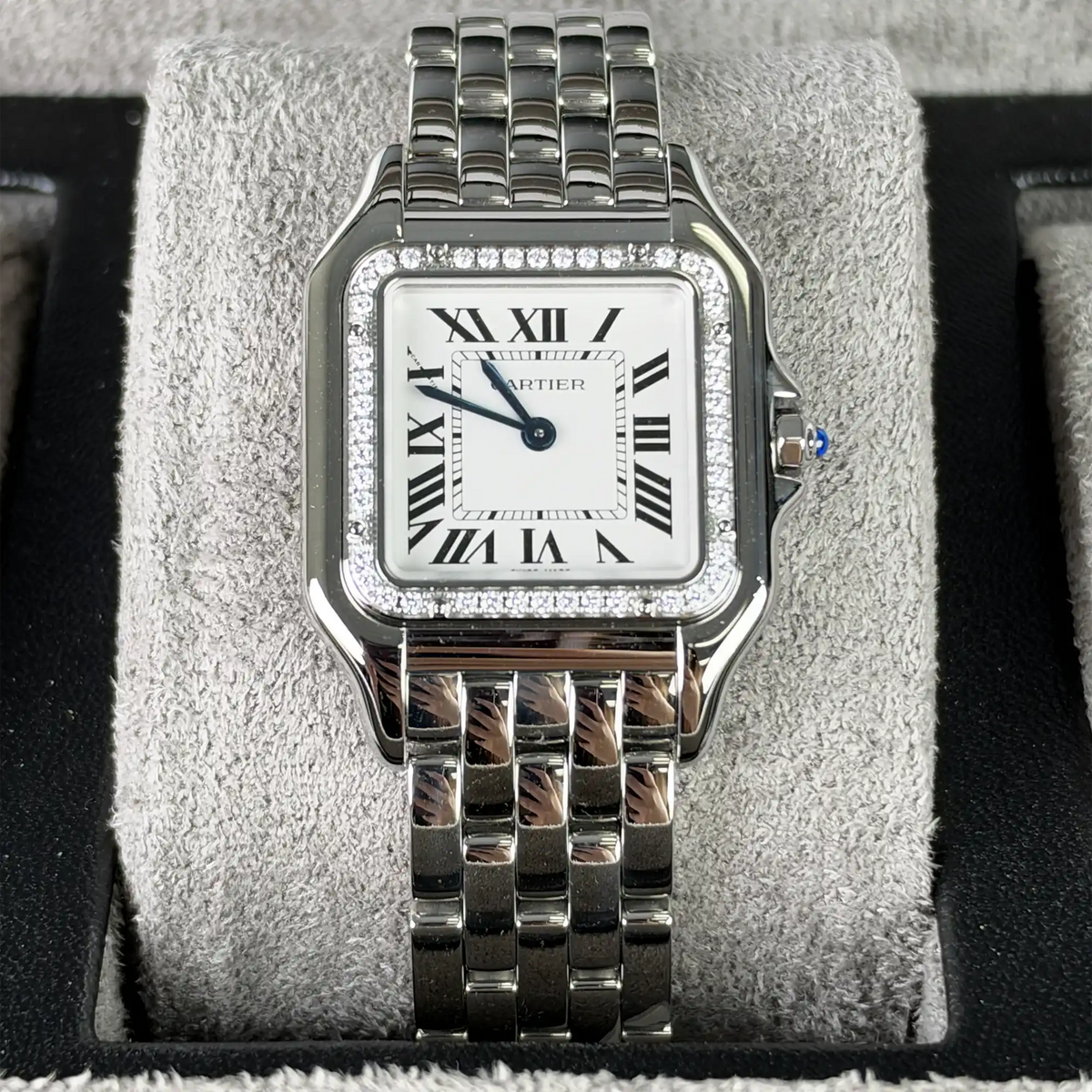 Cartier Panthère de Medium Silvered Dial Diamond Bezel Steel 27mm W4PN0018 - Front