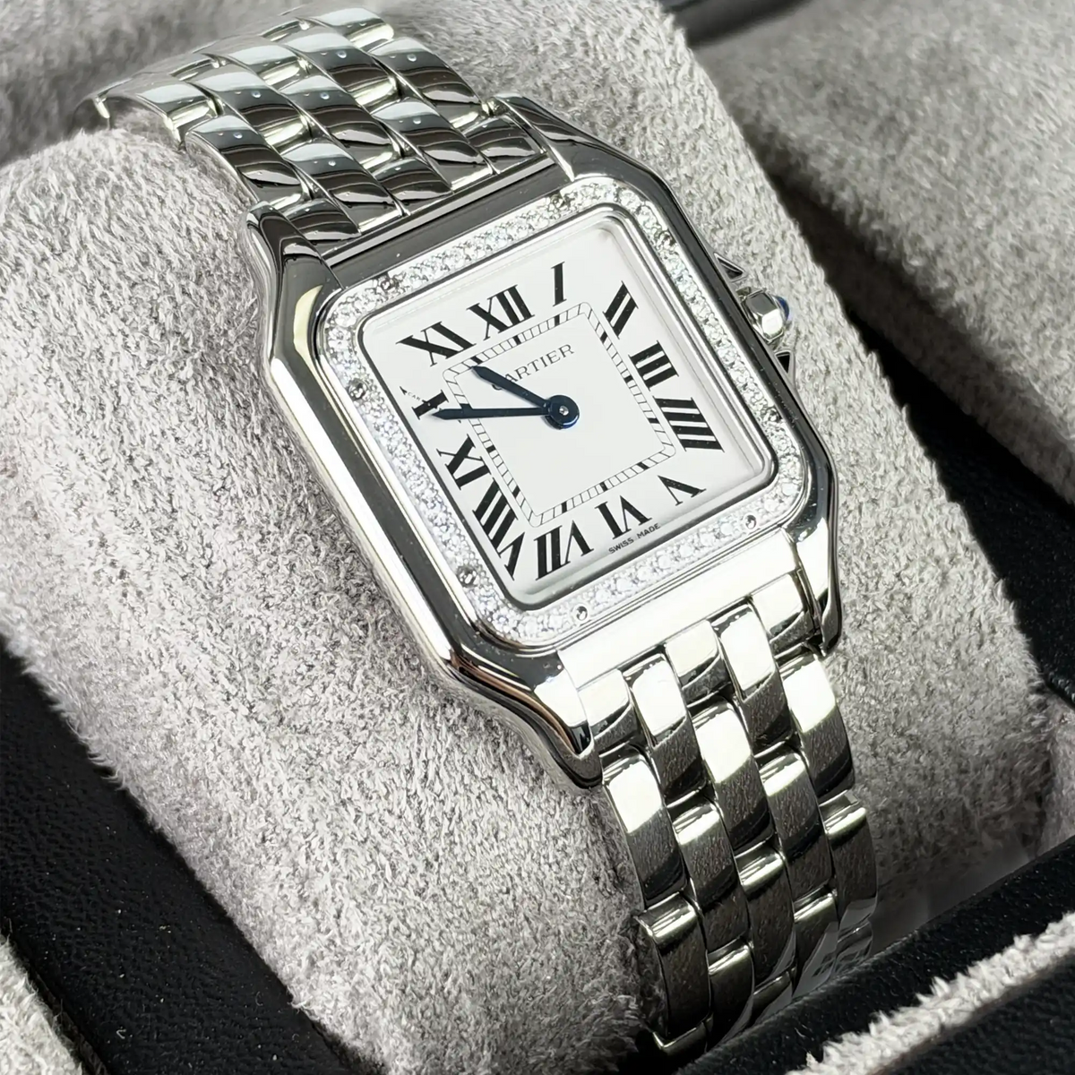 Cartier Panthère de Medium Silvered Dial Diamond Bezel Steel 27mm W4PN0018 - Left