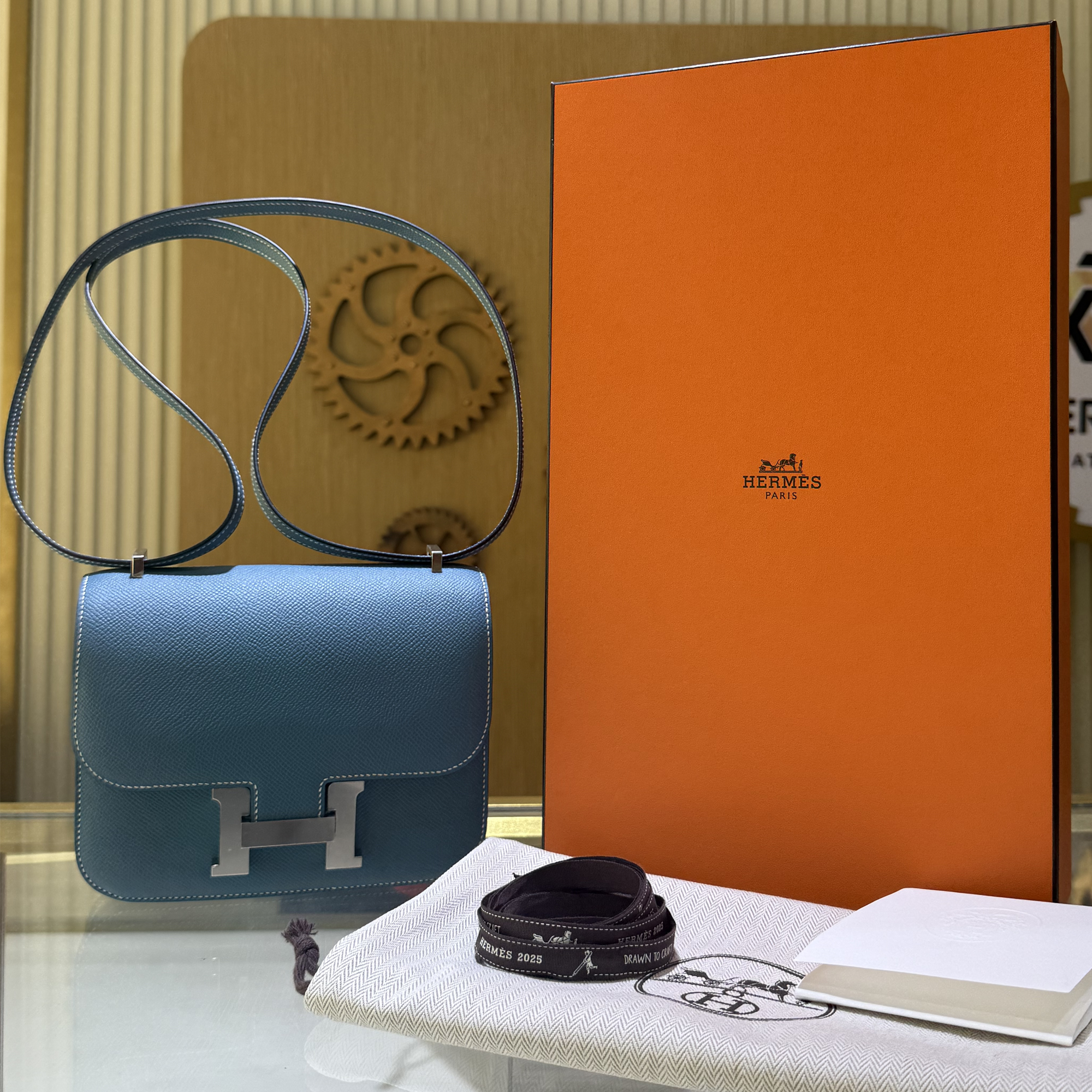 Hermes Mini Constance Blue Jean Epsom Palladium Hardware - Full set