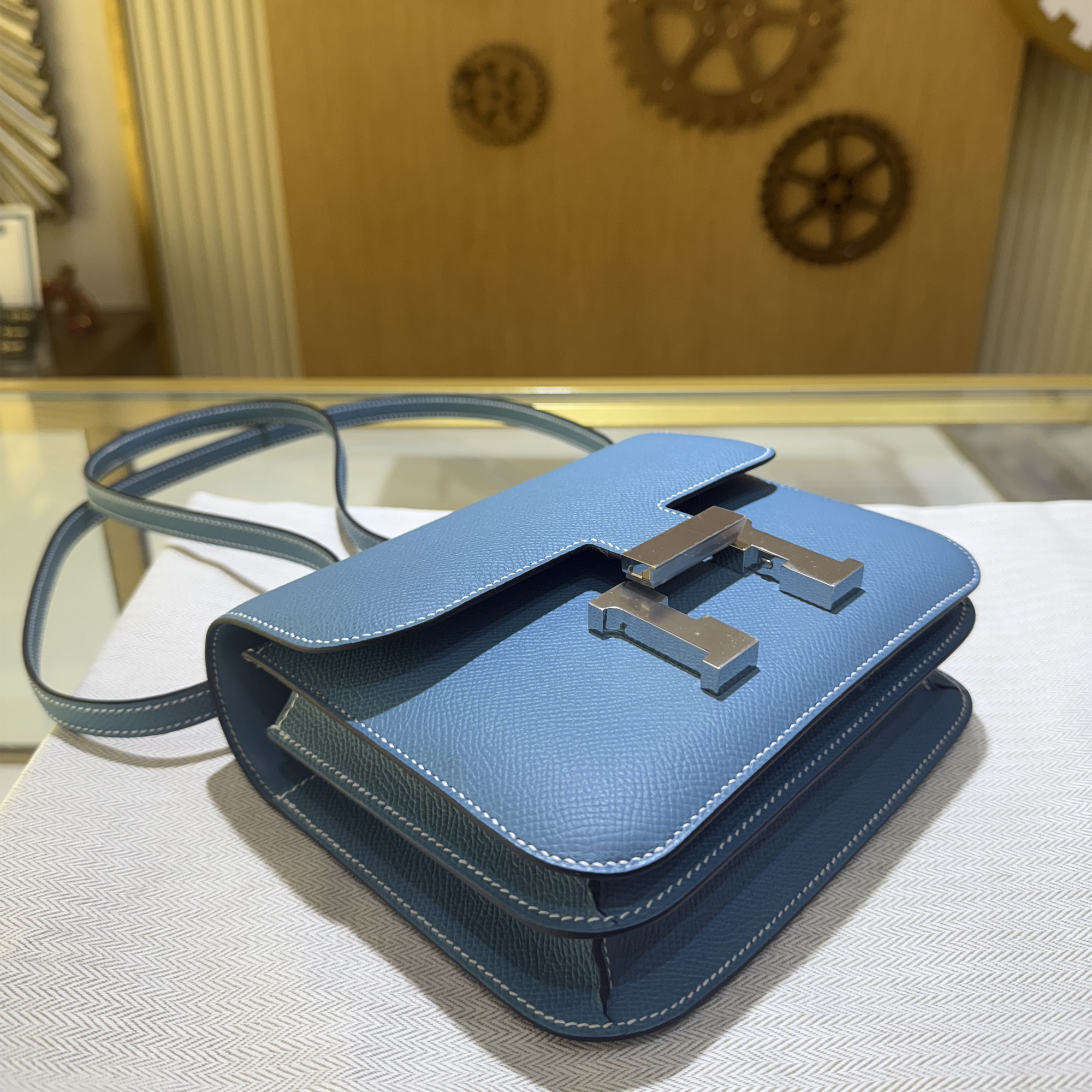 Hermes Mini Constance Blue Jean Epsom Palladium Hardware - Left