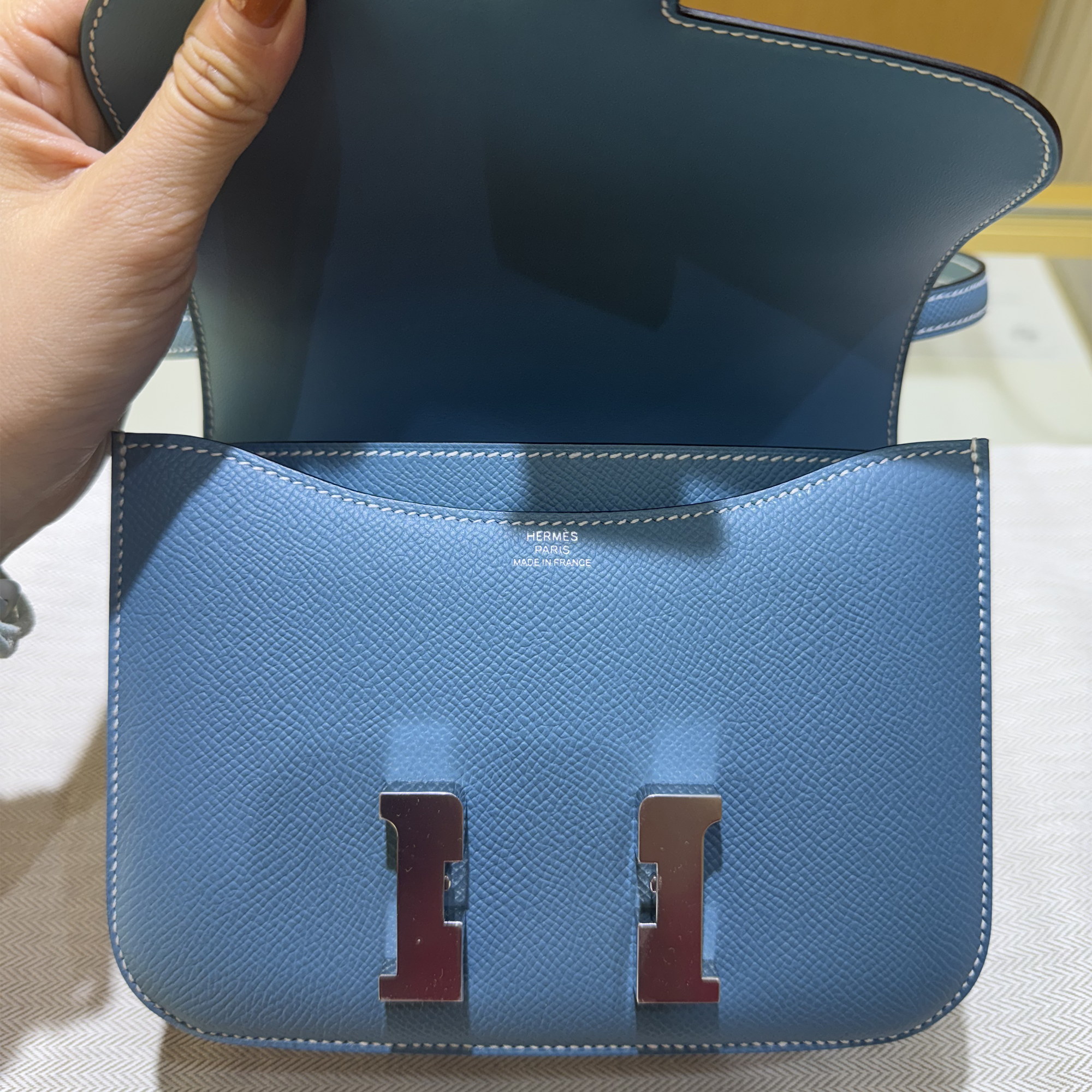 Hermes Mini Constance Blue Jean Epsom Palladium Hardware - Logo