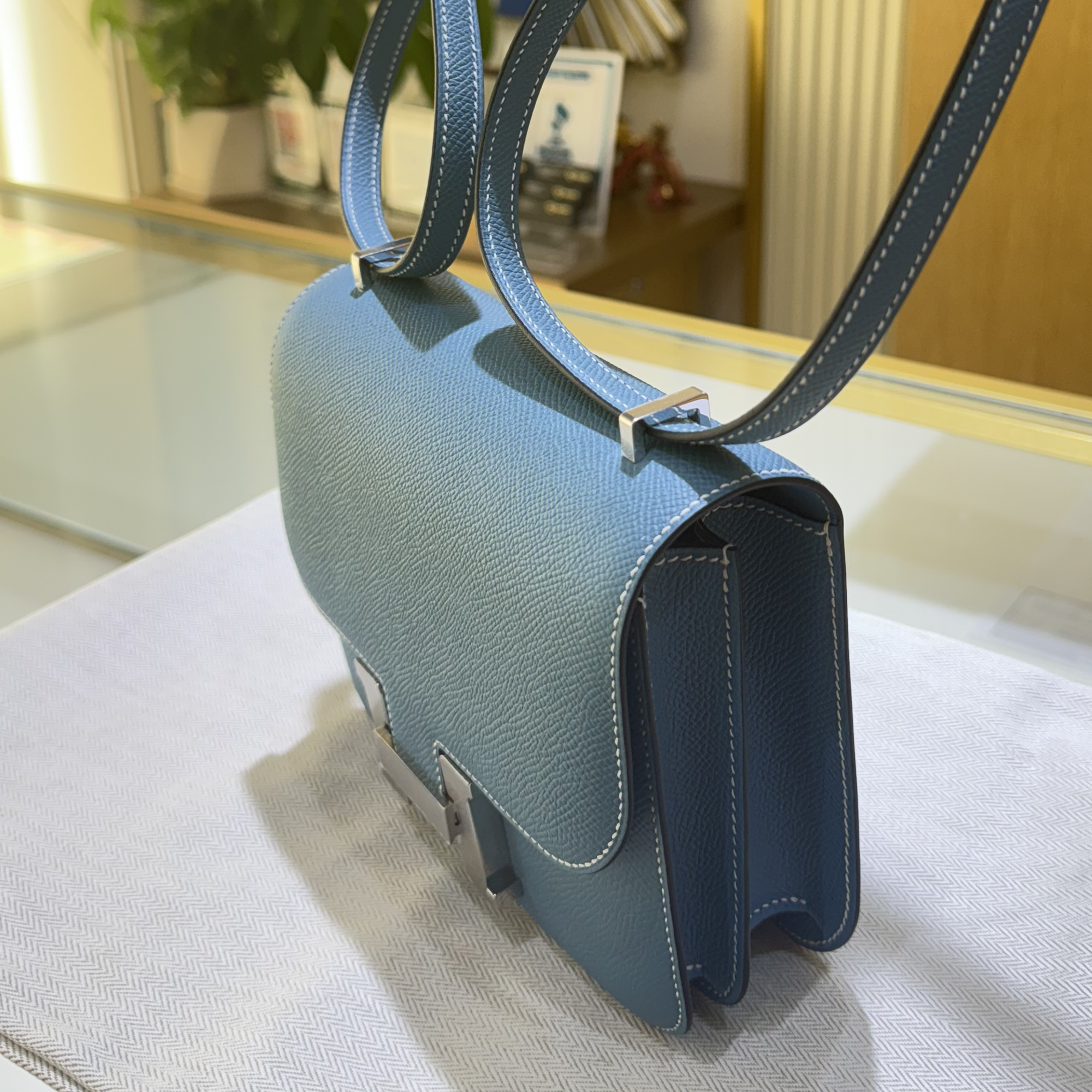Hermes Mini Constance Blue Jean Epsom Palladium Hardware - Top right