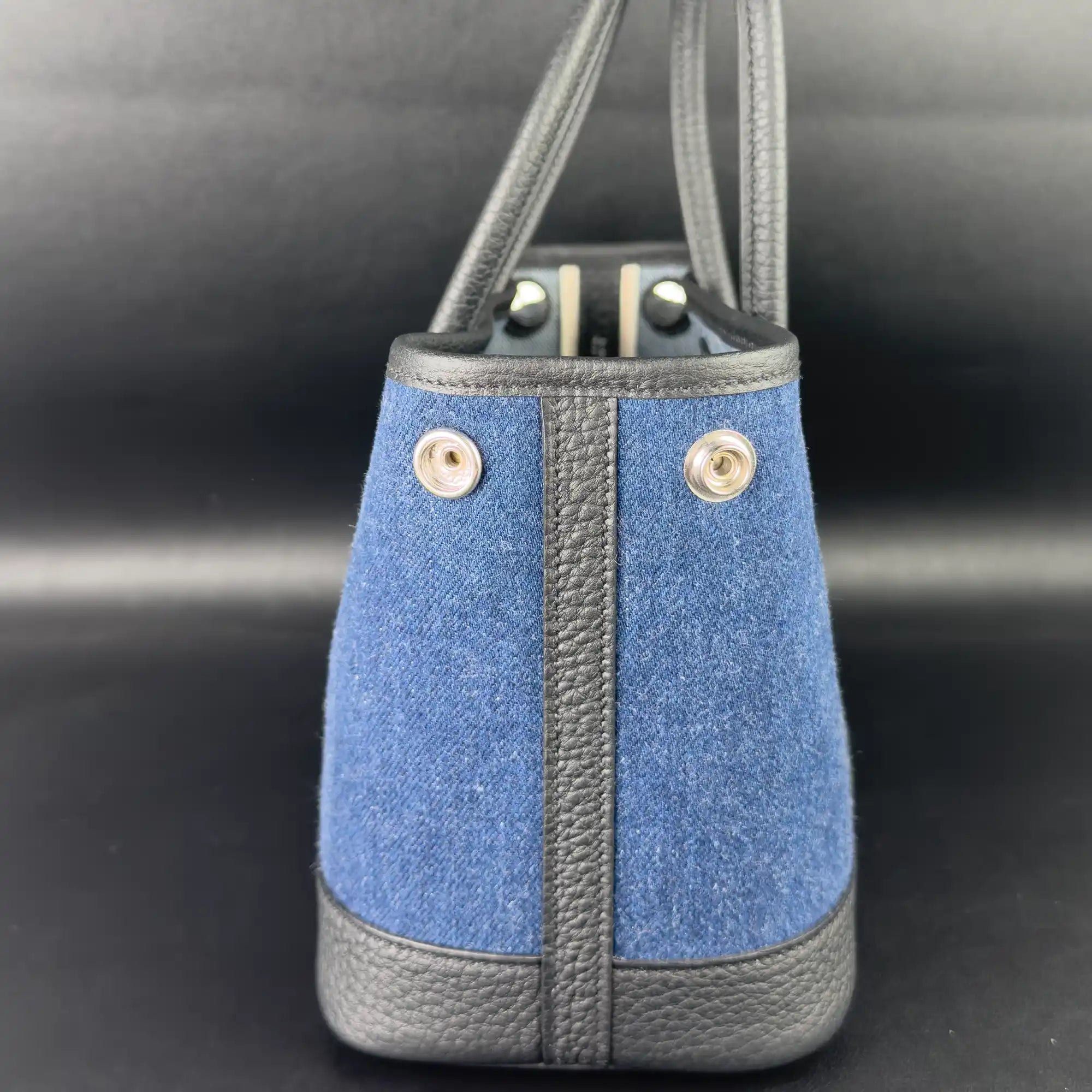 Hermes Mini Garden Party 23 Denim Black Strap Palladium Hardware - Left