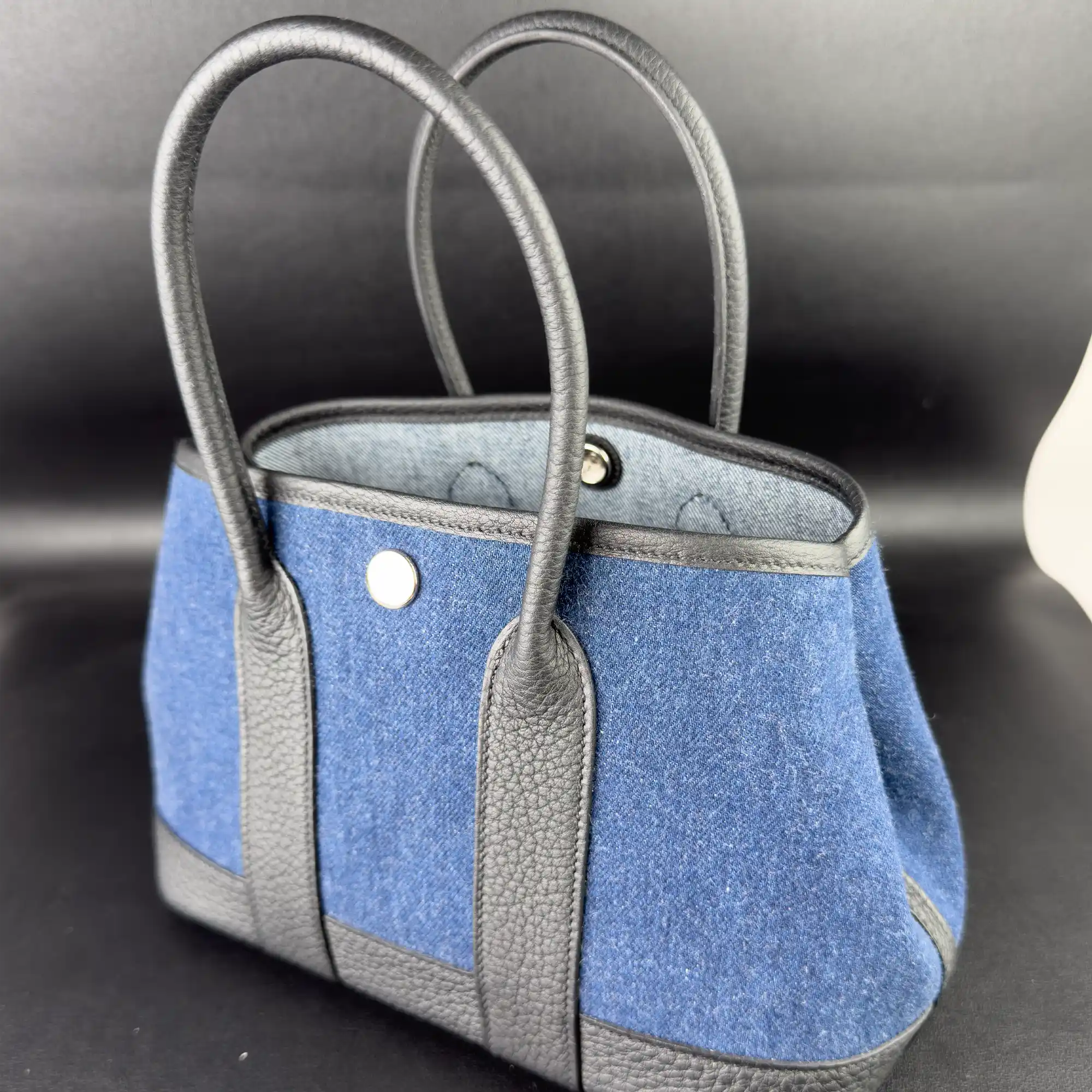 Hermes Mini Garden Party 23 Denim Black Strap Palladium Hardware - Side 1