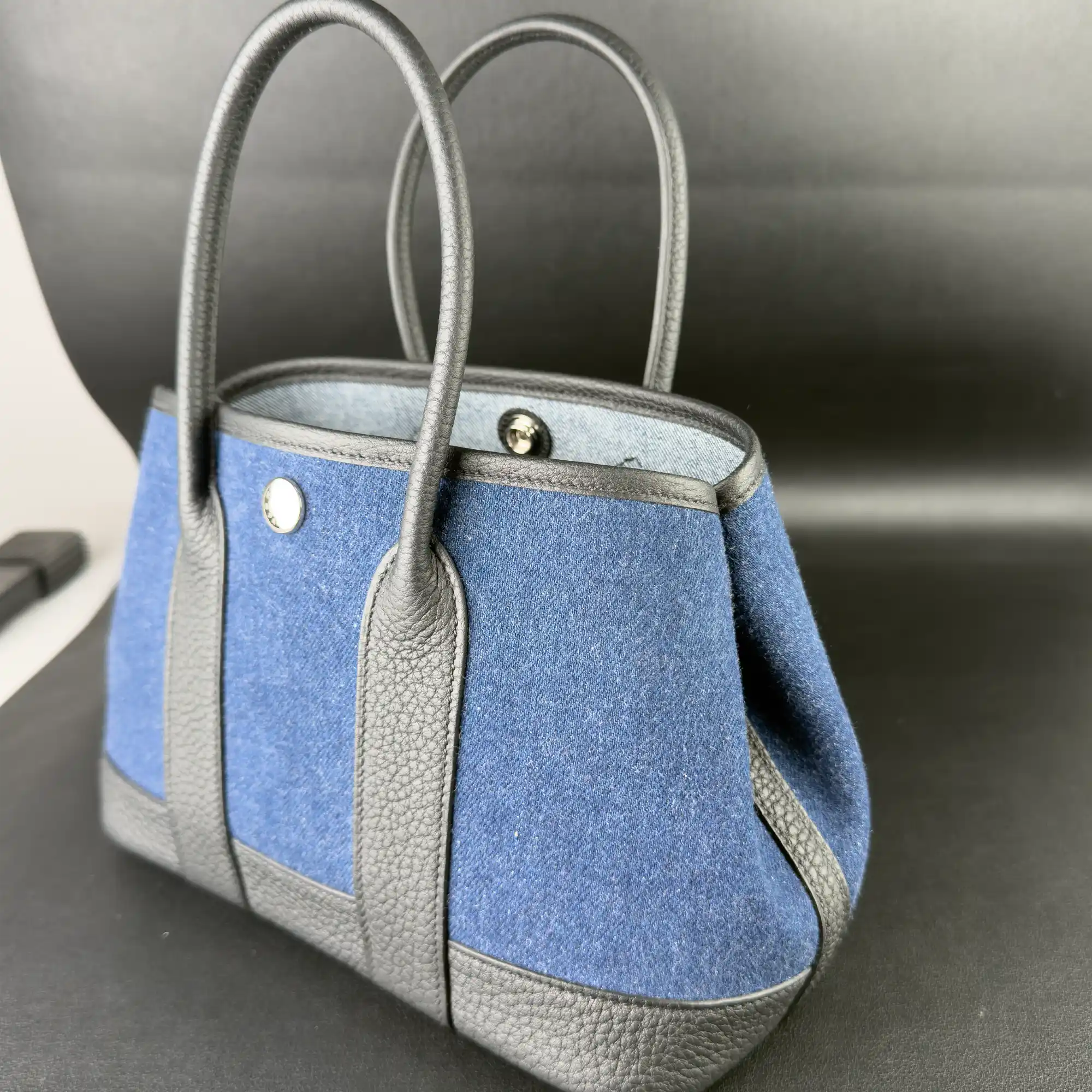 Hermes Mini Garden Party 23 Denim Black Strap Palladium Hardware - Side 3