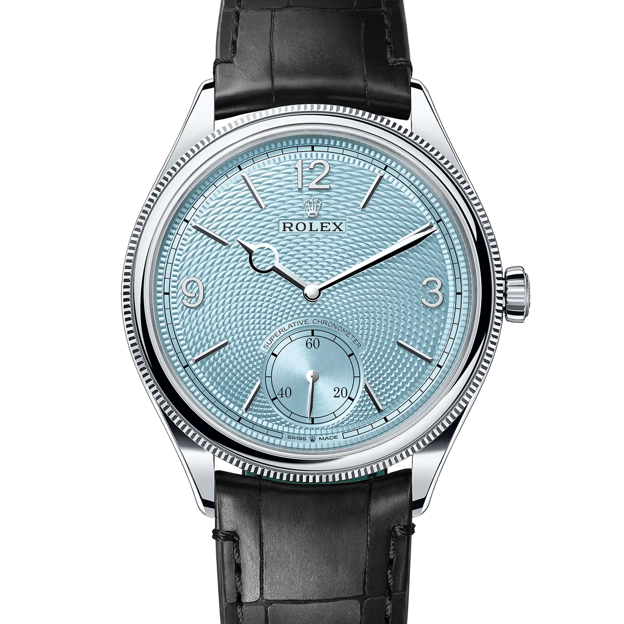 Rolex 1908 Platinum Ice Blue Dial Black Alligator Strap 52506