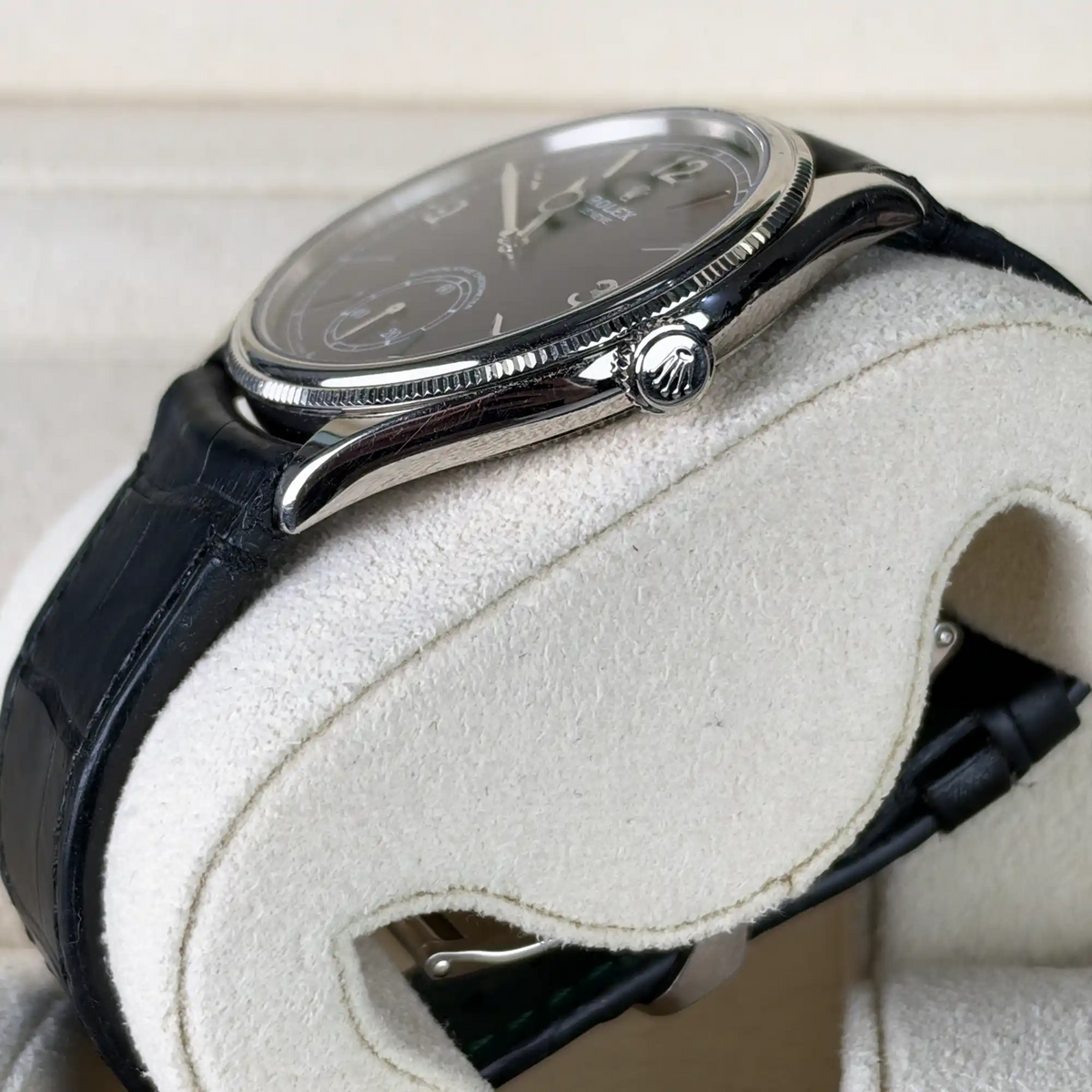 Rolex 1908 White Gold Black Dial Black Alligator Strap 52509 - 2024 Pre-Owned Mint - Side 2