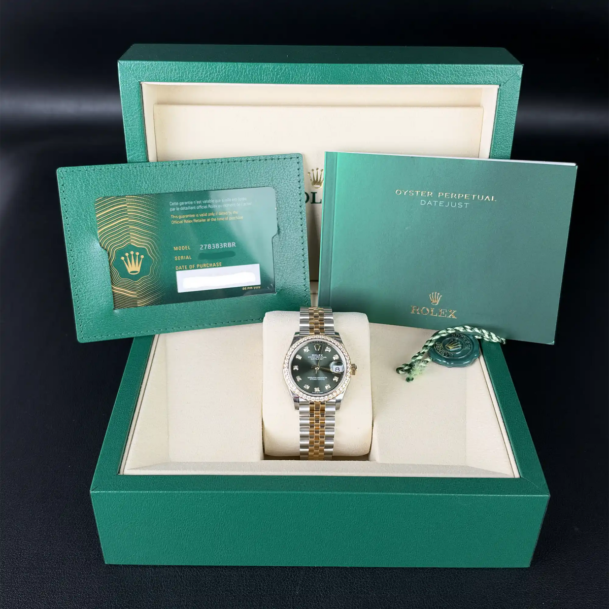 Rolex Datejust 31 Olive Green Roman Diamond Yellow Gold Oystersteel Jubilee 278383RBR - Full set
