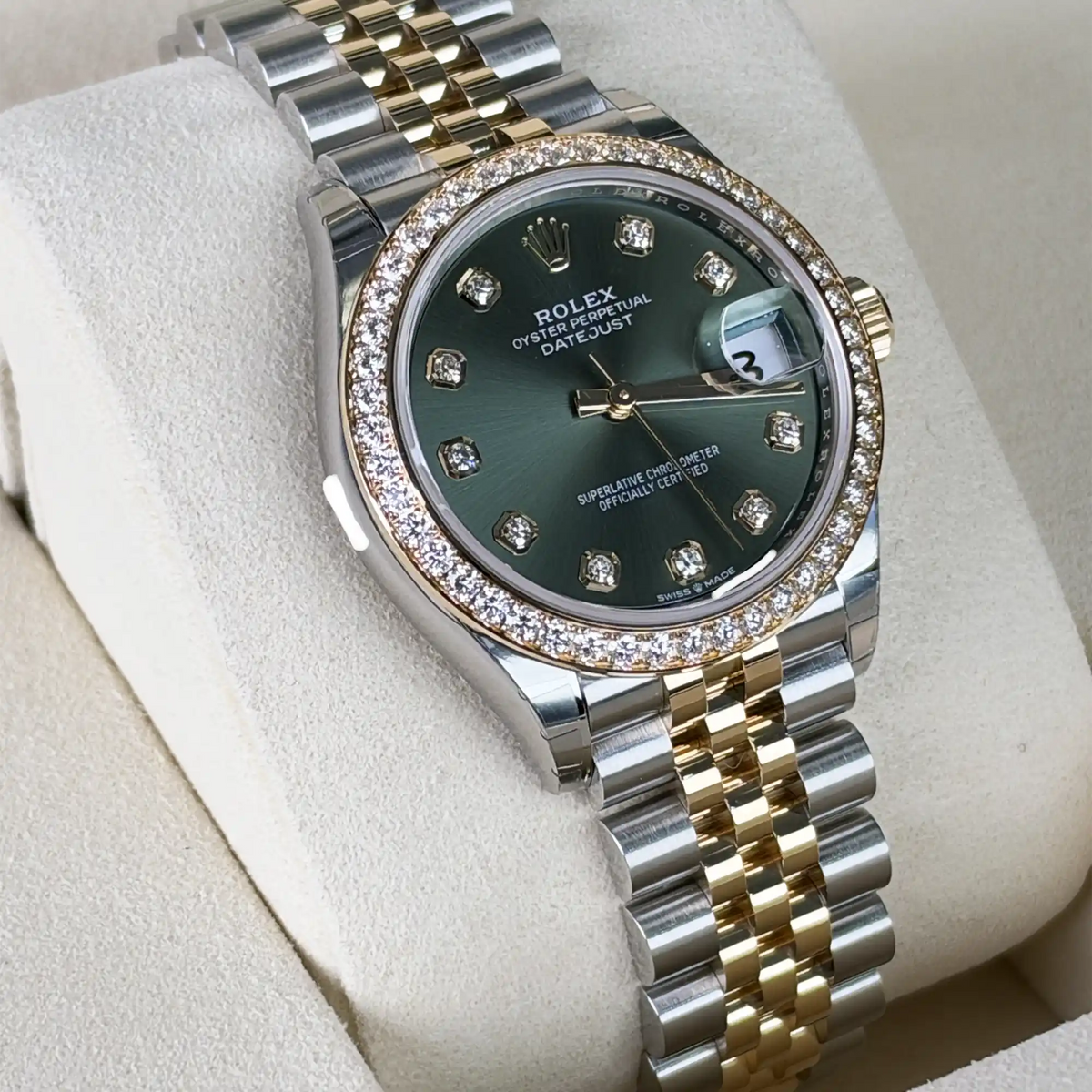 Rolex Datejust 31 Olive Green Roman Diamond Yellow Gold Oystersteel Jubilee 278383RBR - Left