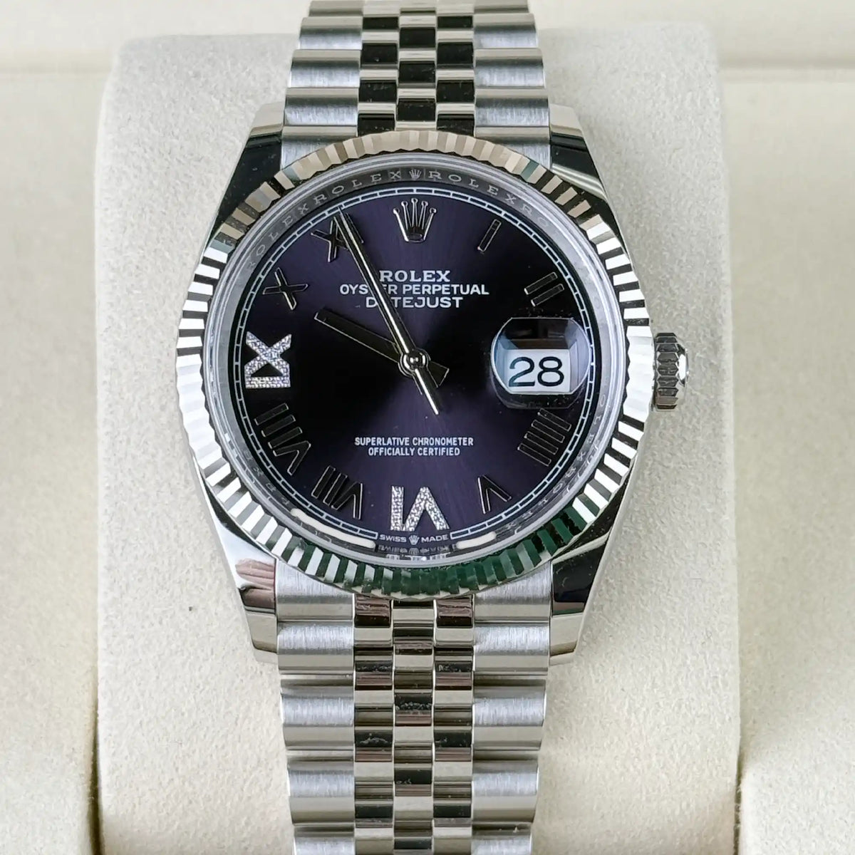 Rolex Datejust 36 Purple Roman Diamond Oystersteel White Gold Jubilee 126234 - Front