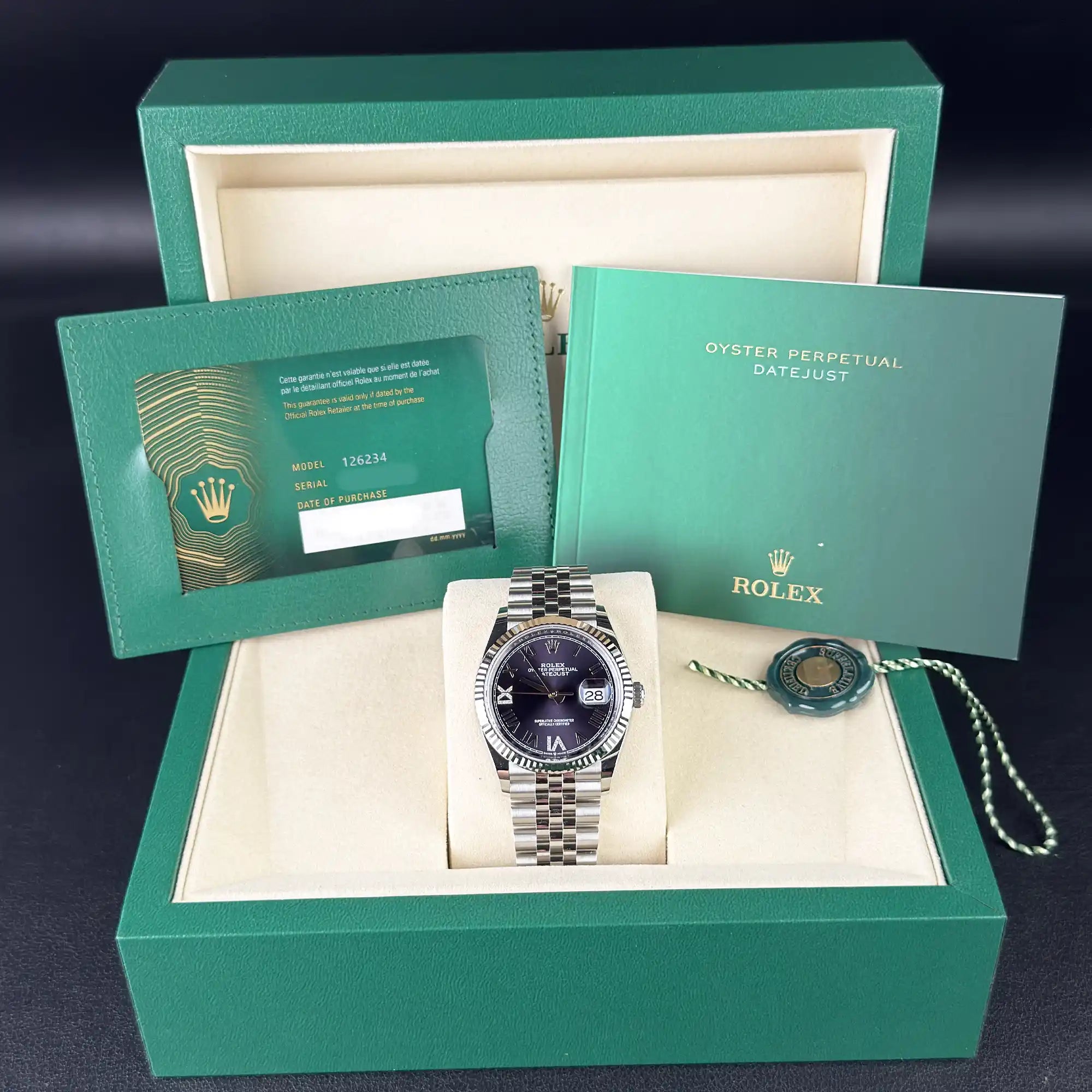 Rolex Datejust 36 Purple Roman Diamond Oystersteel White Gold Jubilee 126234 - Full set