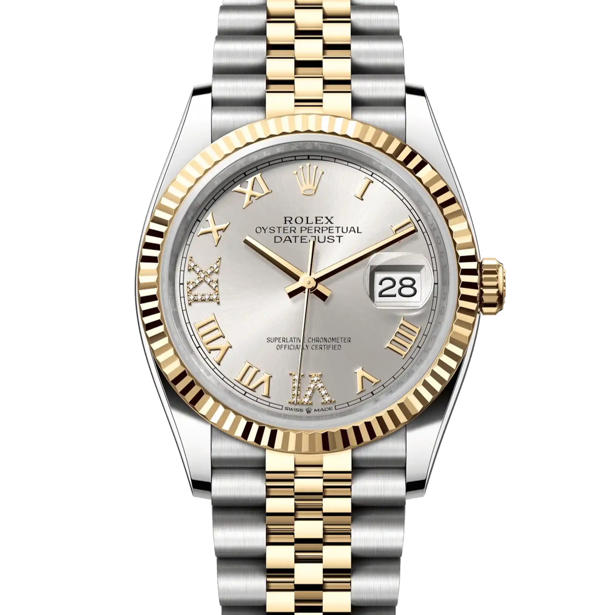 Rolex Datejust 36 Silver Diamond Oystersteel Yellow Gold Jubilee 126233 - Old version roman dial