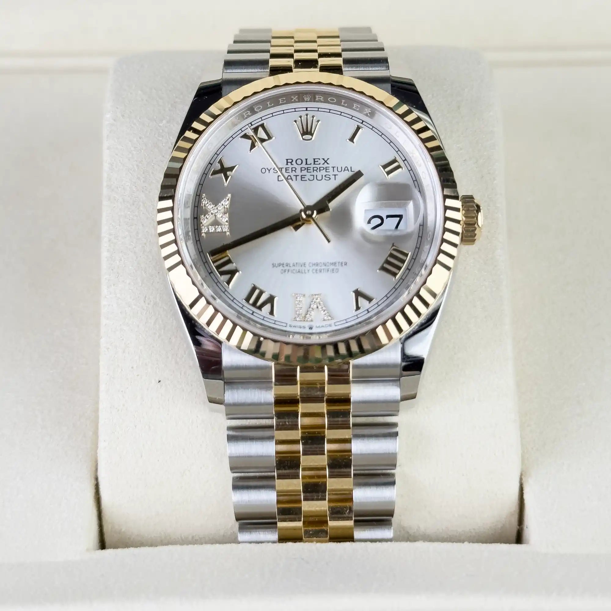 Rolex Datejust 36 Silver Diamond Oystersteel Yellow Gold Jubilee 126233 - preowned - front