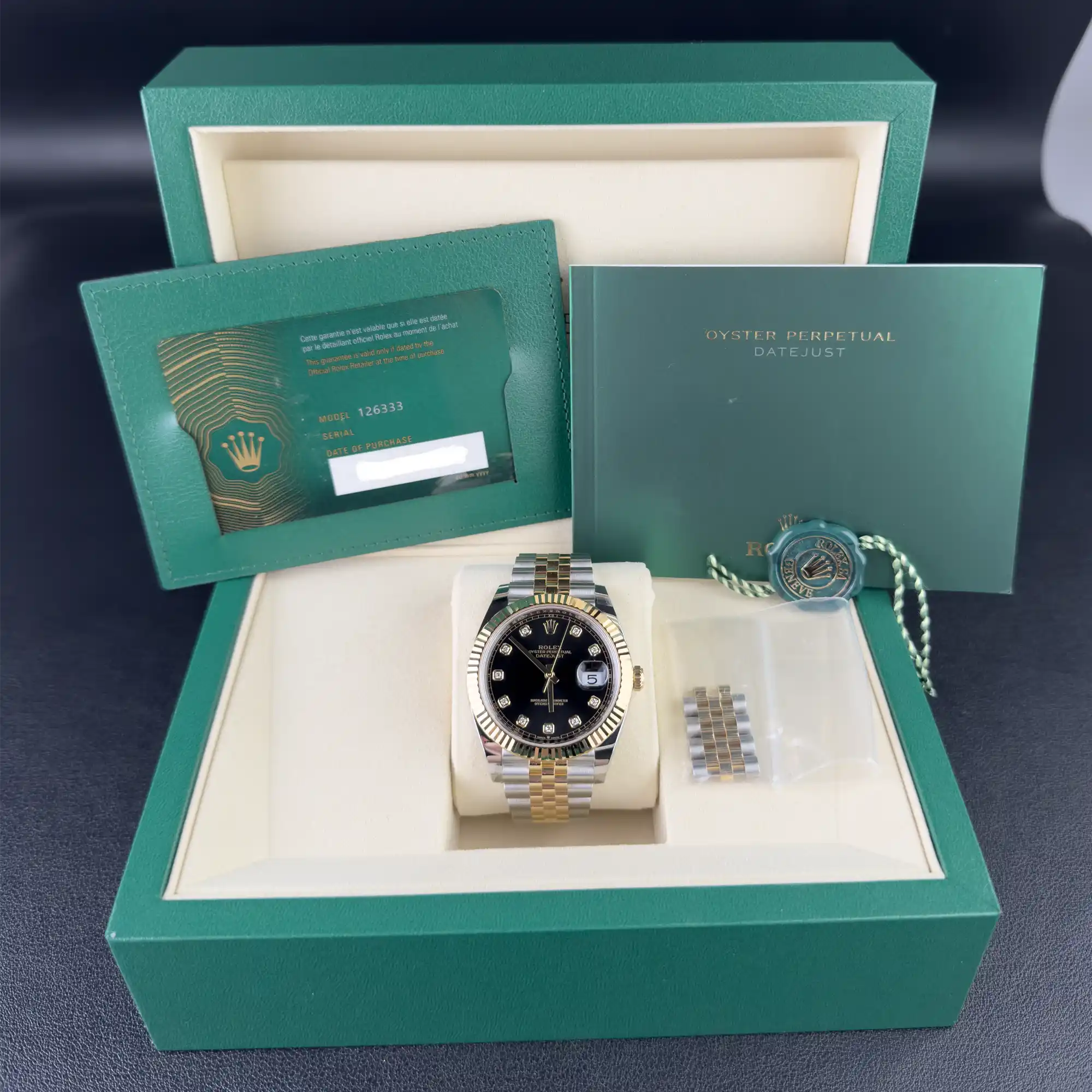Rolex Datejust 41 Black Diamond Oystersteel Yellow Gold Jubilee 126333 - Full set
