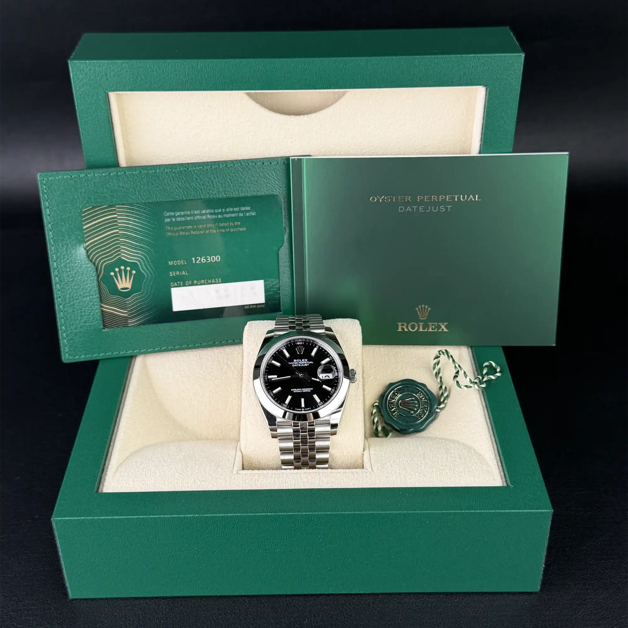 Rolex Datejust 41 Black Index Oystersteel Jubilee 126300 Full set