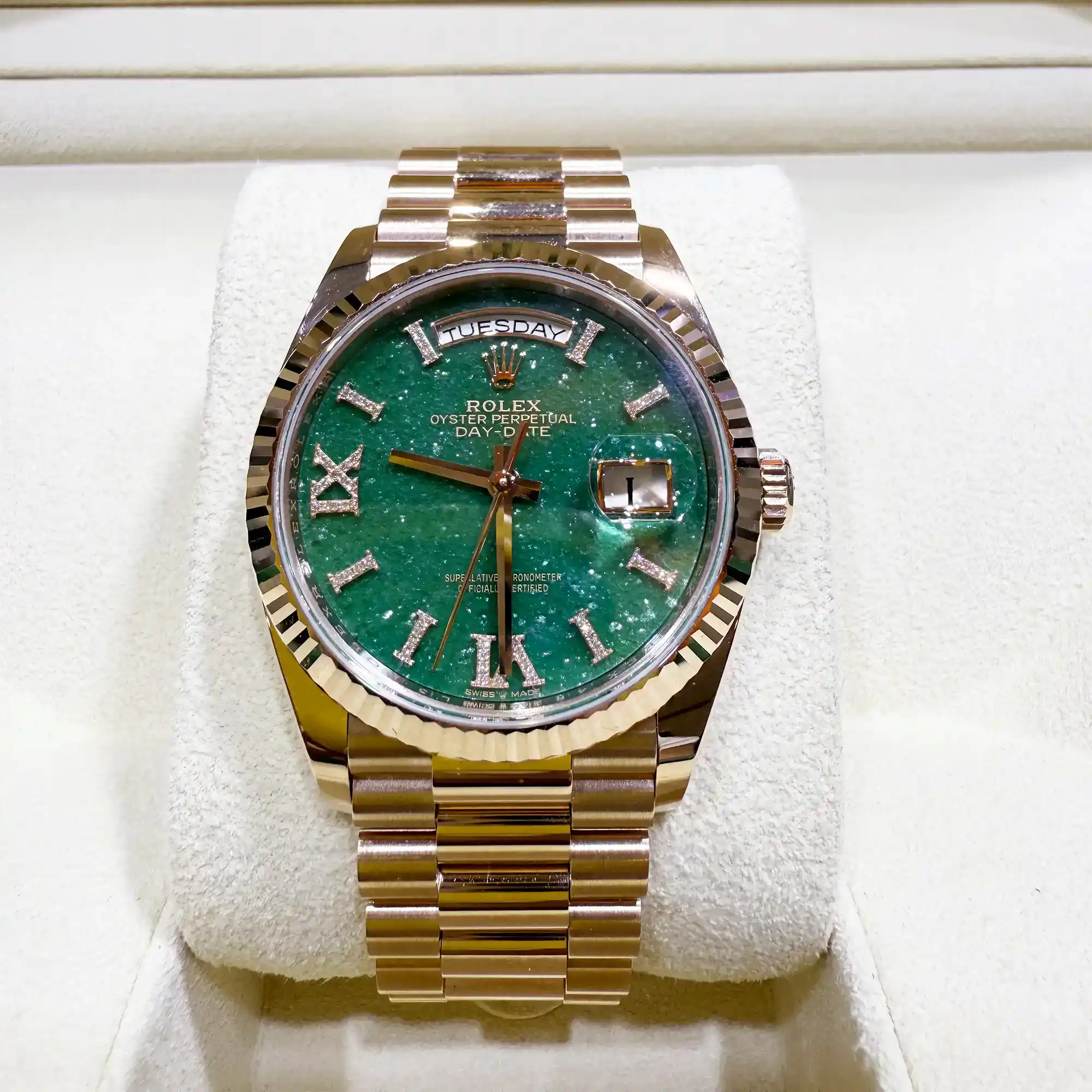 Rolex Day-Date 36 Green Aventurine Roman Diamond Rose Gold 128235 - Pre-owned - Front