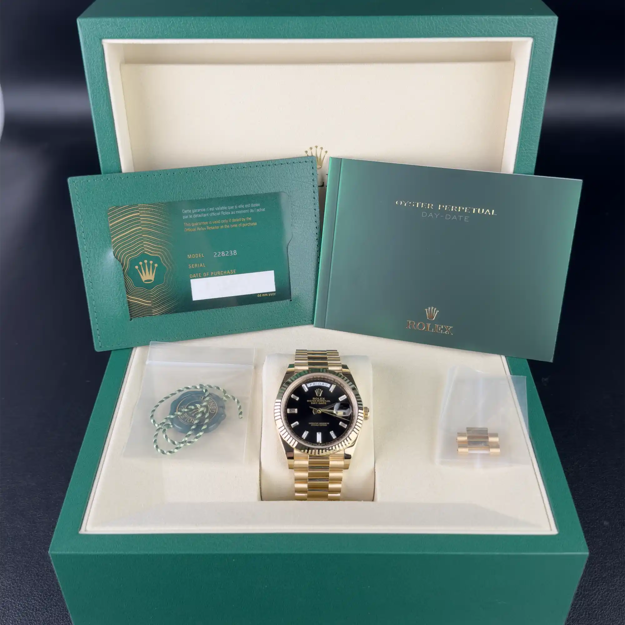 Rolex Day-Date 40 Black Baguette Yellow Gold 228238 - Full set