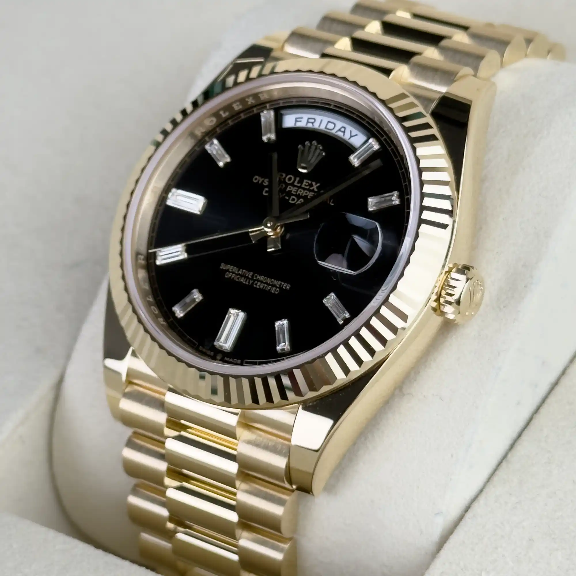 Rolex Day-Date 40 Black Baguette Yellow Gold 228238 - Right