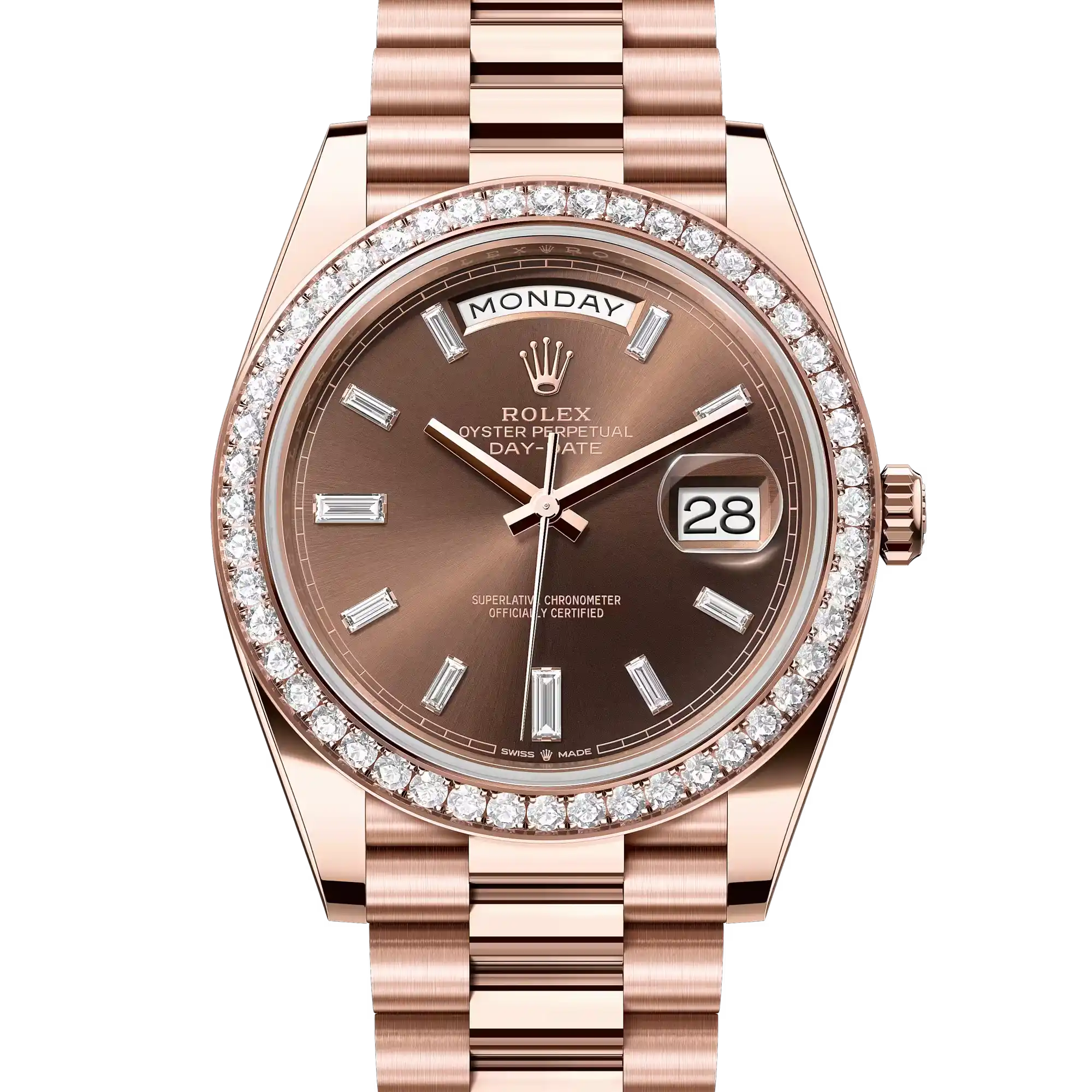 Rolex Day-Date 40 Chocolate Baguette Diamond Bezel Rose Gold 228345RBR