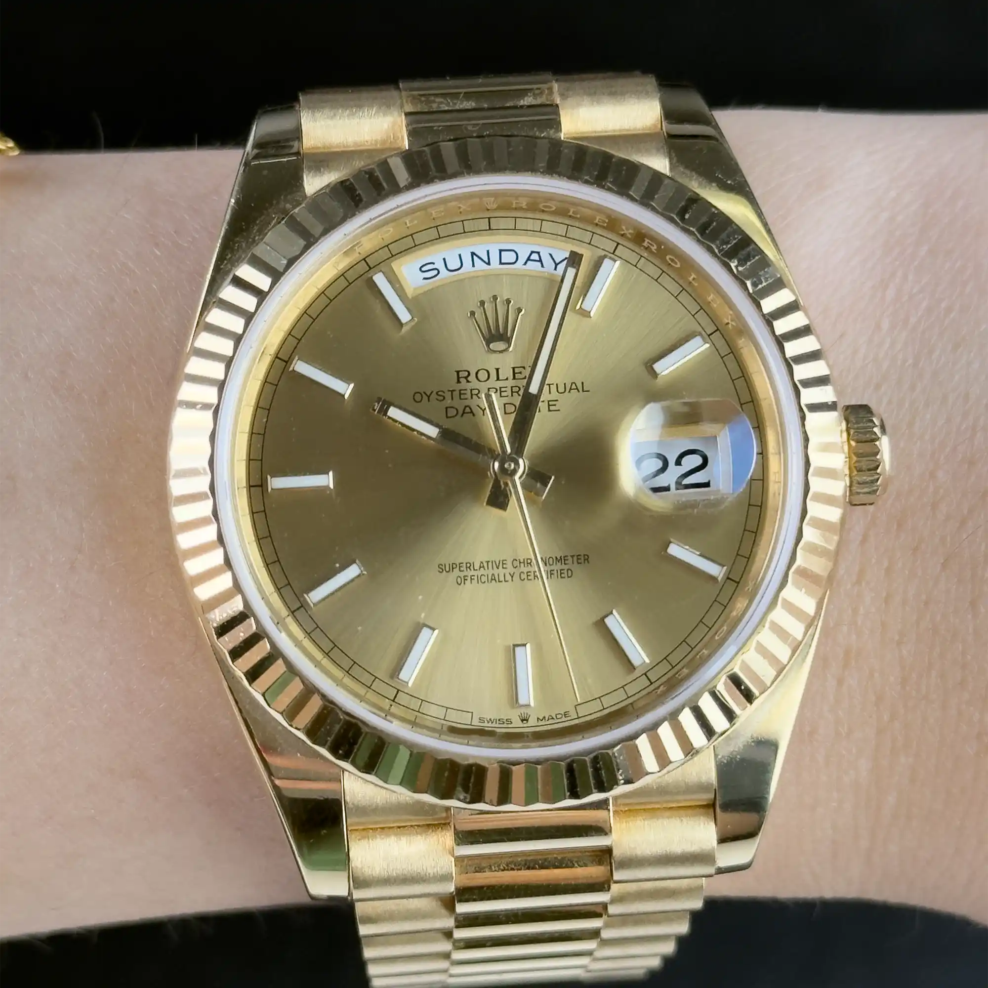 Rolex Day-Date Champagne Index Dial 228238 - Wrist