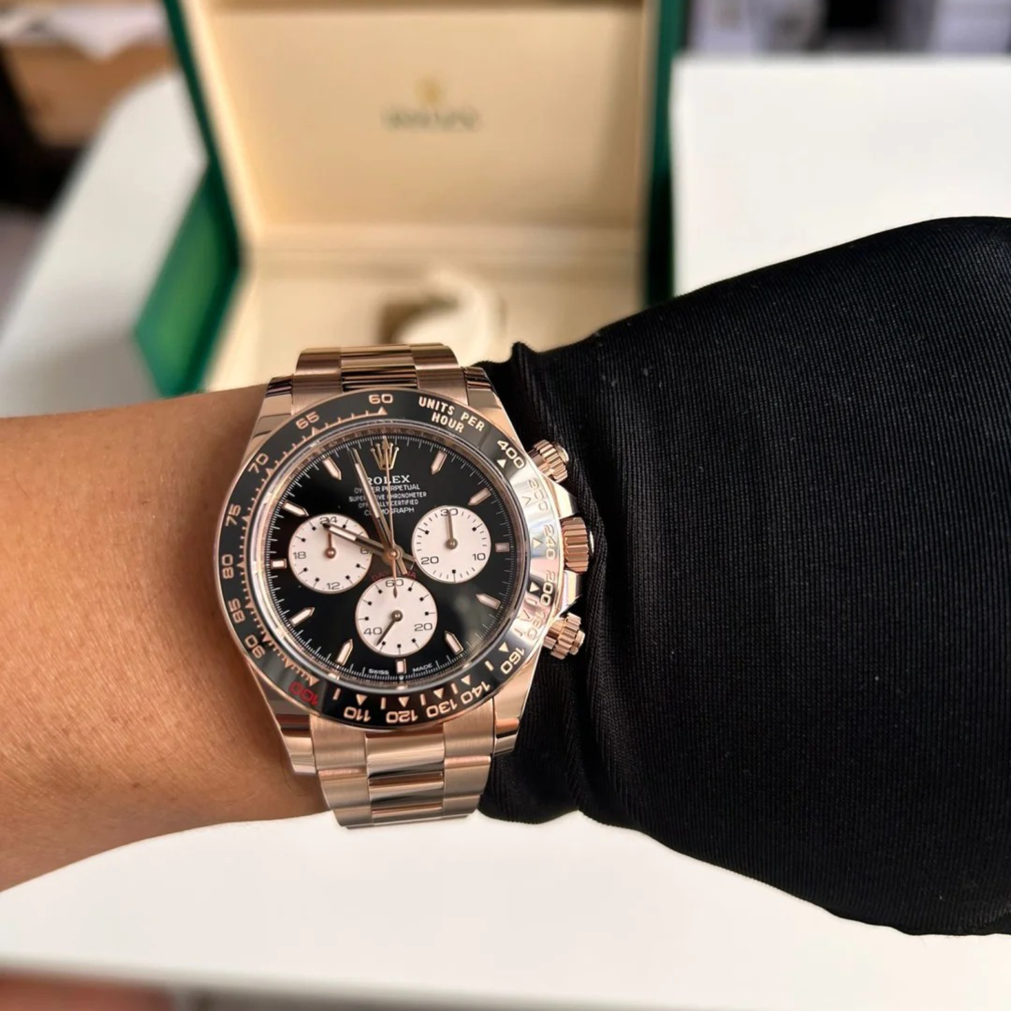 Rolex Daytona "Le Mans" 100th Anniversary Rose Gold Black Ceramic 126525LN - On wrist