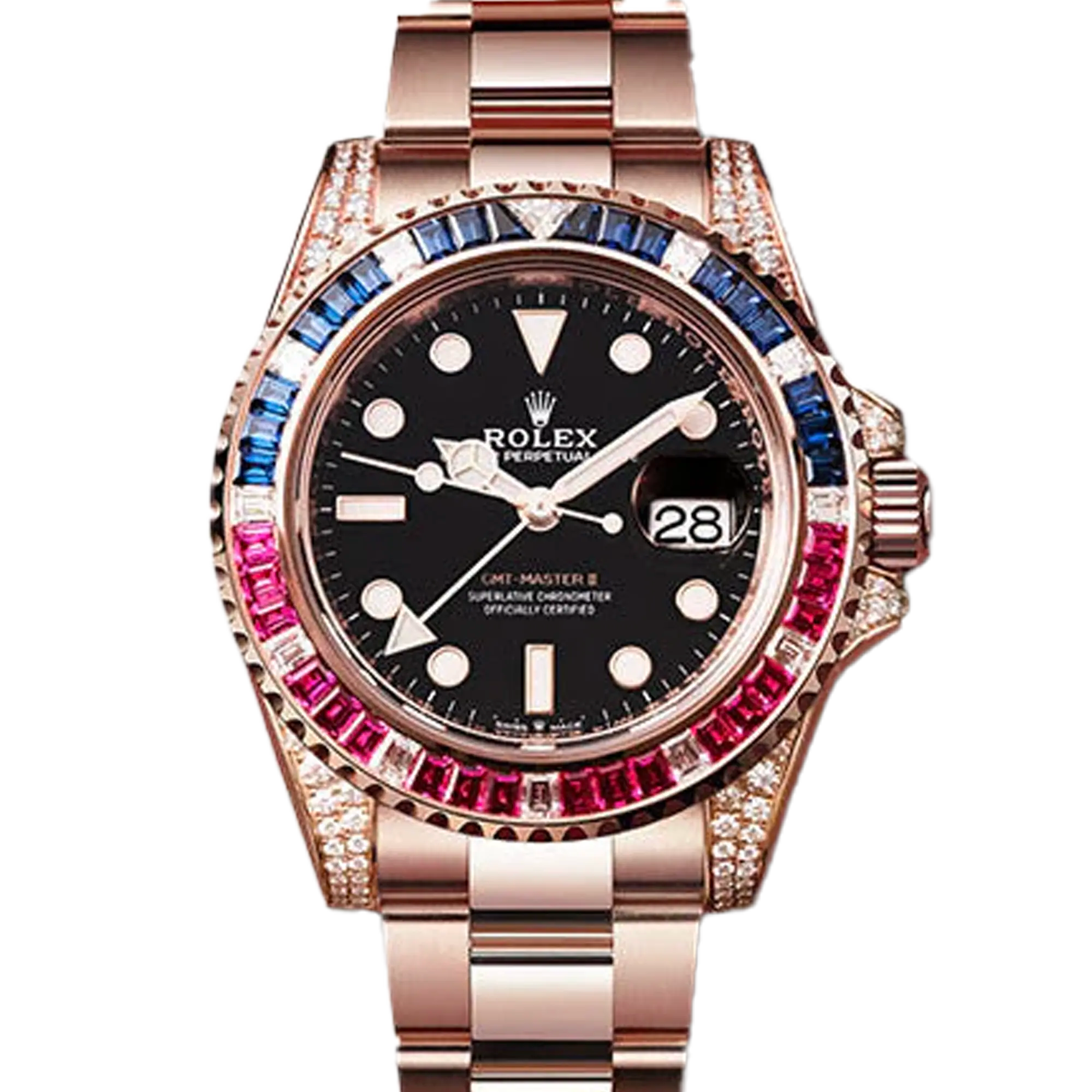 Rolex GMT Master II Black Dial Sapphire Emerald Bezel Rose Gold 126755SARU
