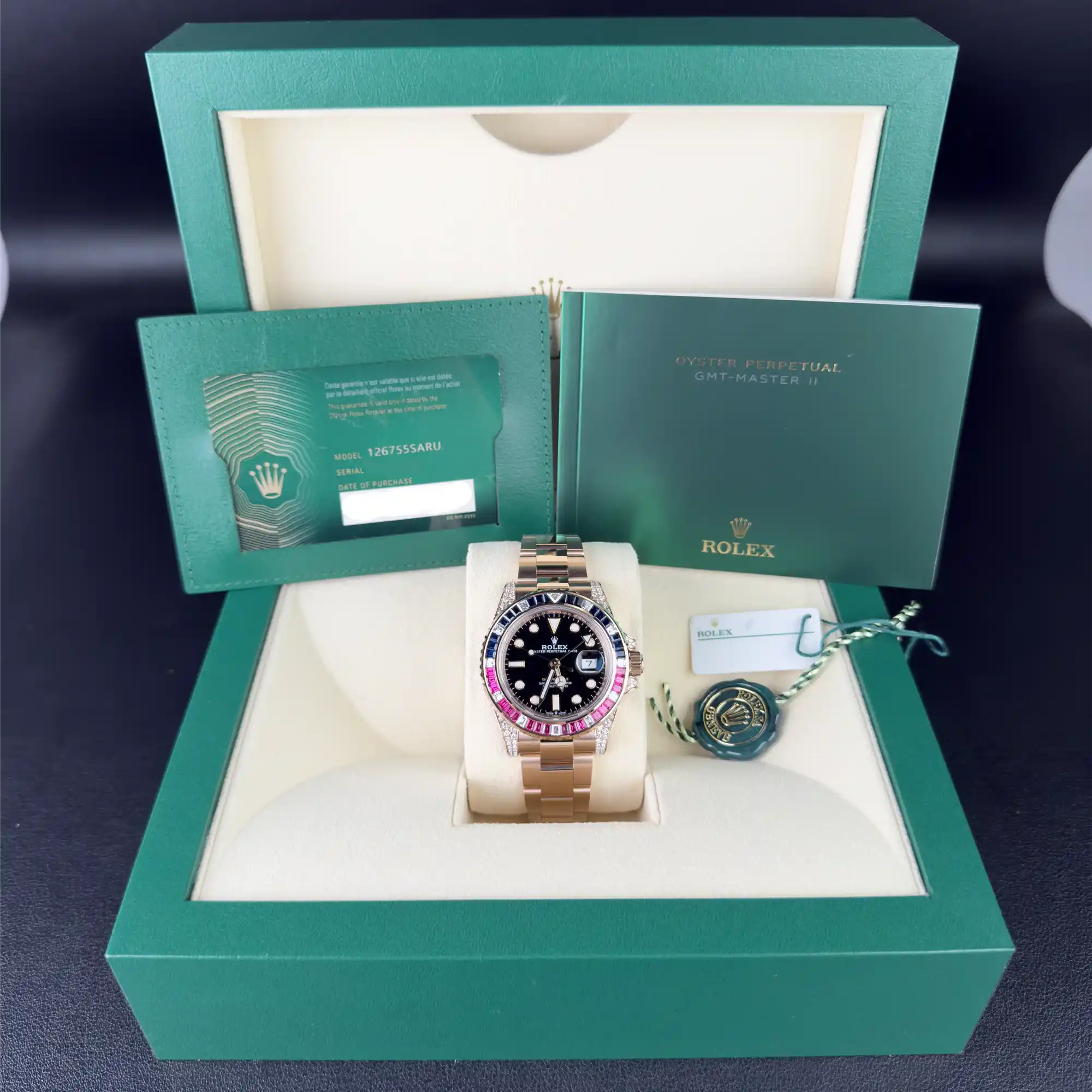 Rolex GMT Master II Black Dial Sapphire Emerald Bezel Rose Gold 126755SARU - 2022 Retail Ready - Full set