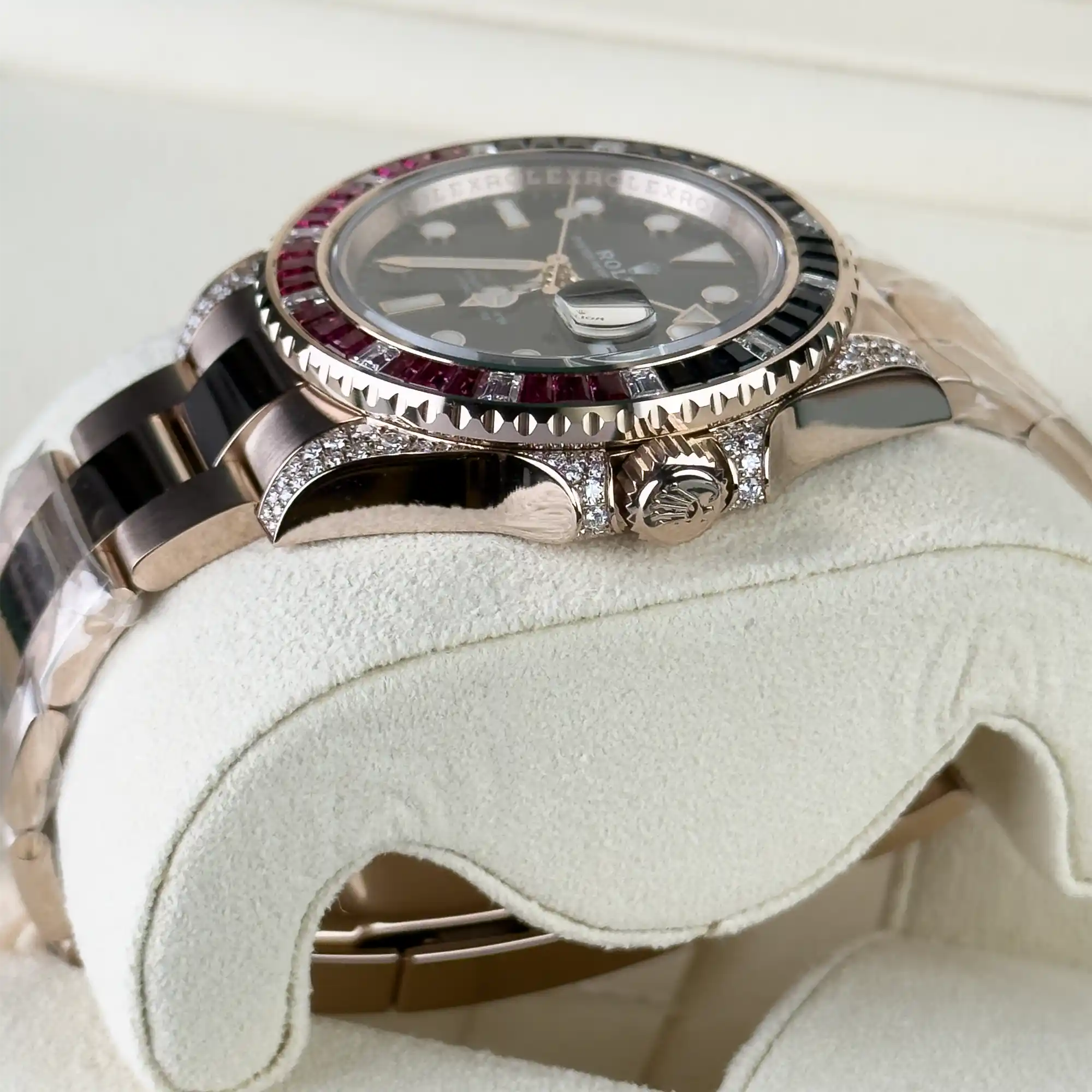Rolex GMT Master II Black Dial Sapphire Emerald Bezel Rose Gold 126755SARU - 2022 Retail Ready - Side 1