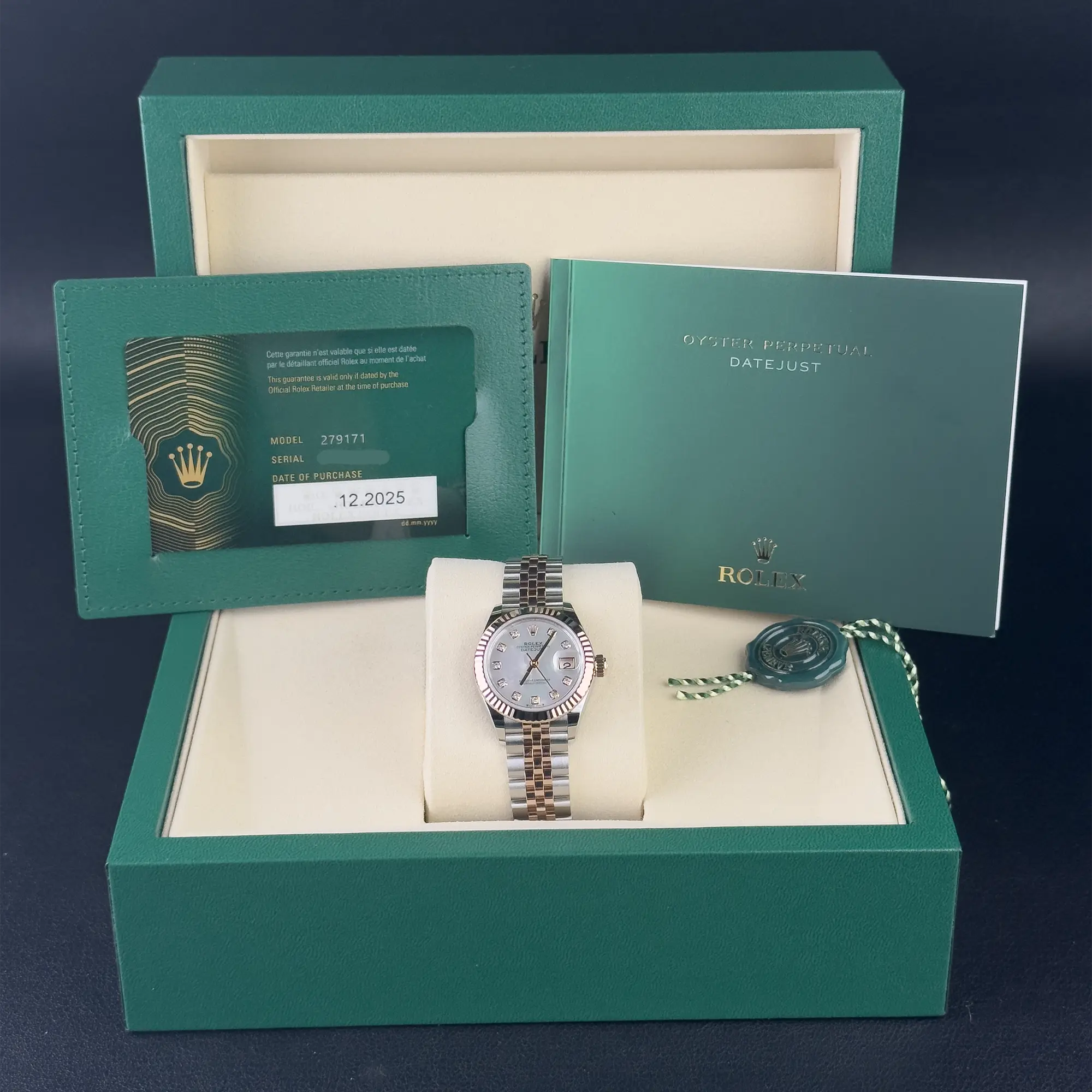Rolex Lady Datejust 28 Mother of Pearl Diamond Oystersteel Rose Gold Jubilee 279171 - Full set