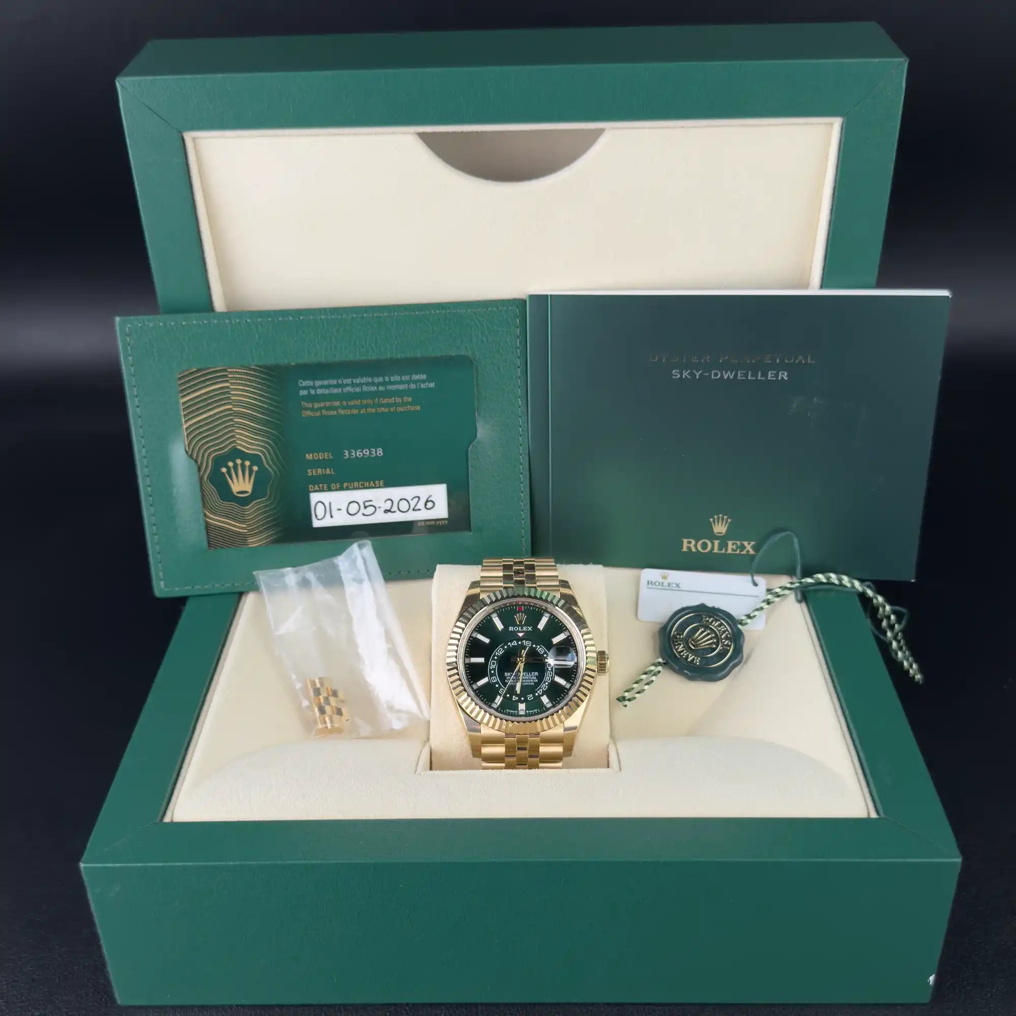 Rolex Sky Dweller Bright Green Dial Yellow Gold Jubilee 336938 - full set