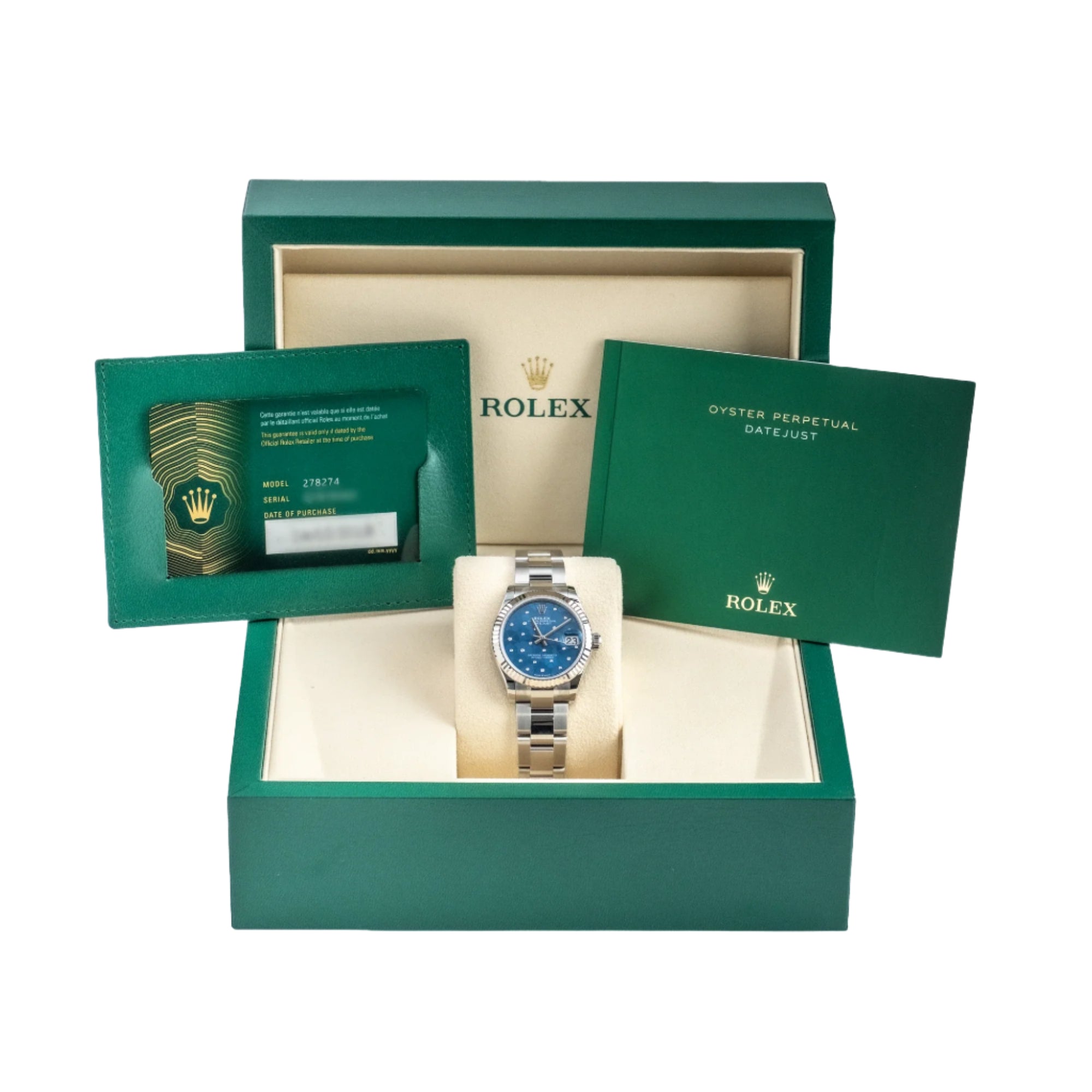 Set-RolexDatejust31BlueFlowRolex Datejust 31 Blue Floral Motif Diamond Dial Oyster 278274 - Full set