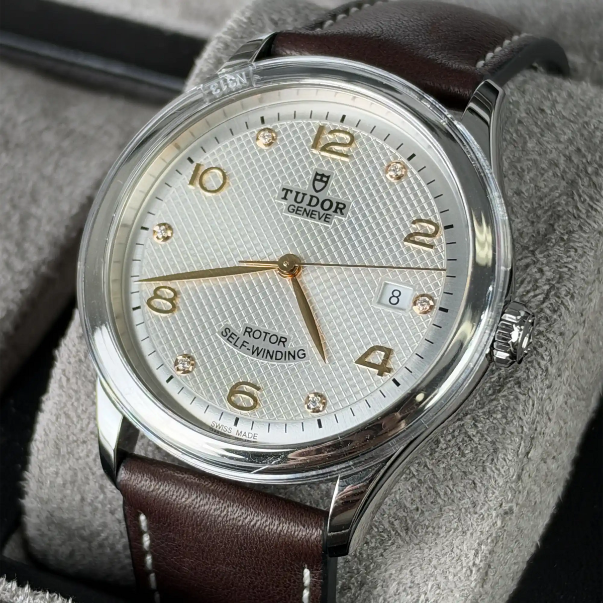 Tudor 1926 Silver Dial 6 Diamonds 39mm Brown Leather Strap Steel 91550-0007 - Right