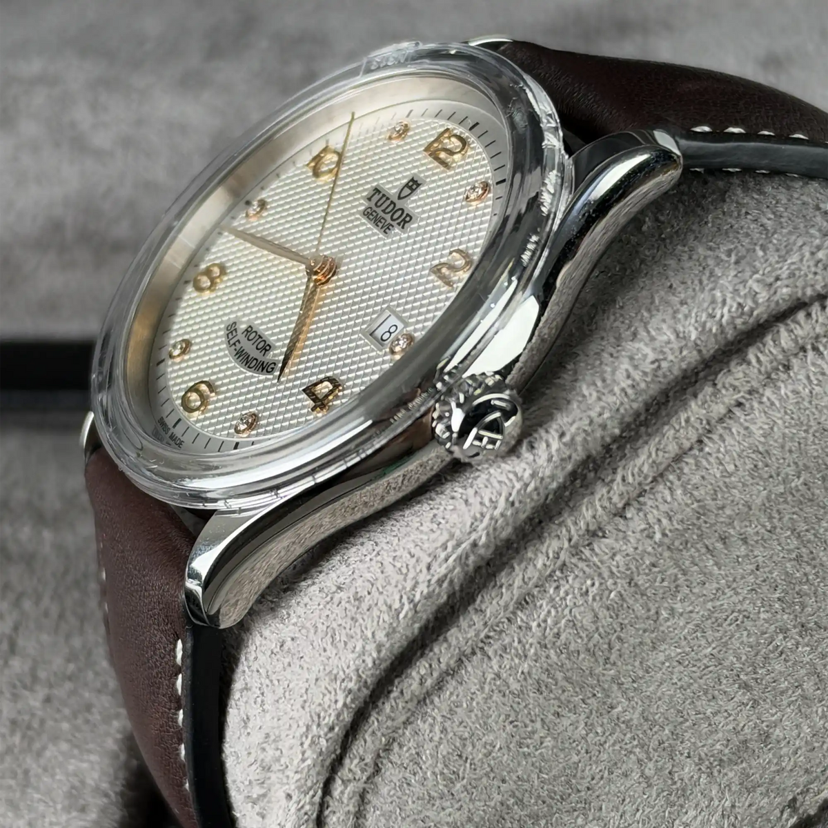 Tudor 1926 Silver Dial 6 Diamonds 39mm Brown Leather Strap Steel 91550-0007 - Side 2