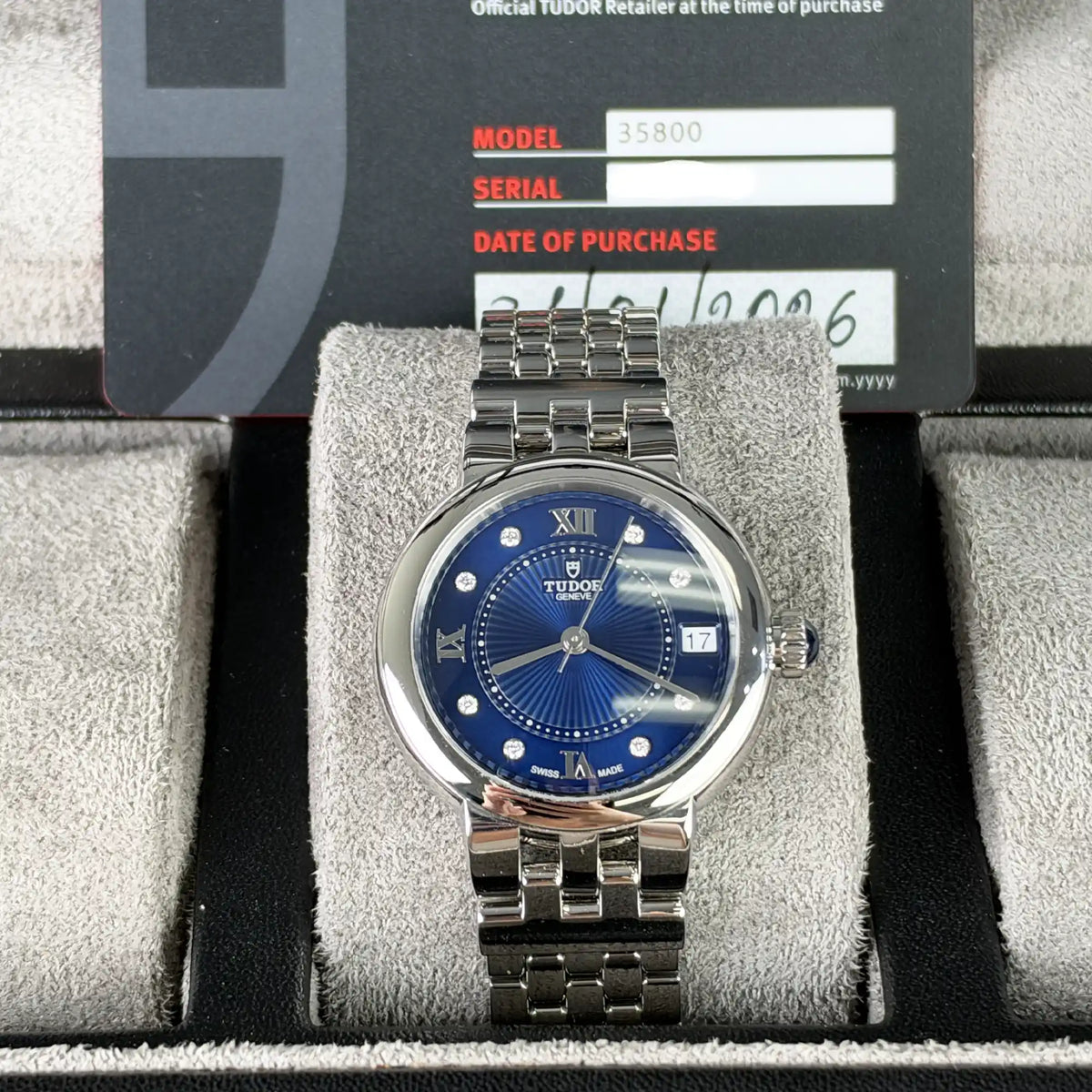 Tudor Clair de Rose Blue Diamond Dial 34mm Steel 35800-0010 - Full set