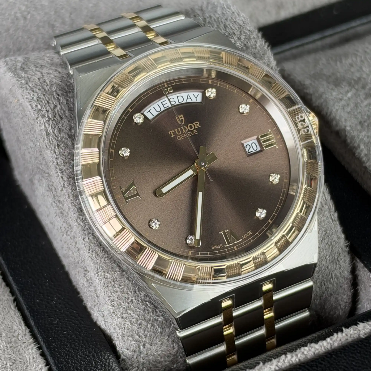 Tudor Royal 41mm Chocolate Brown Dial Day-Date Diamond Dial Steel Yellow Gold 28603-0008 - Left