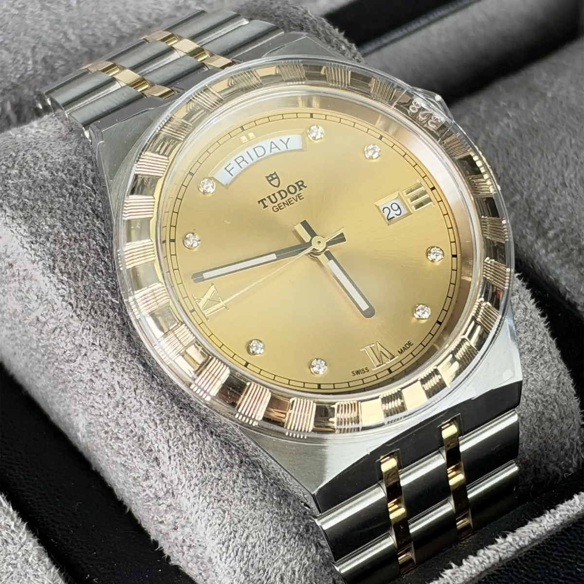 Tudor Royal Champagne Dial Day-Date Diamond Dial 41mm Steel Yellow Gold 28603-0006 - Left