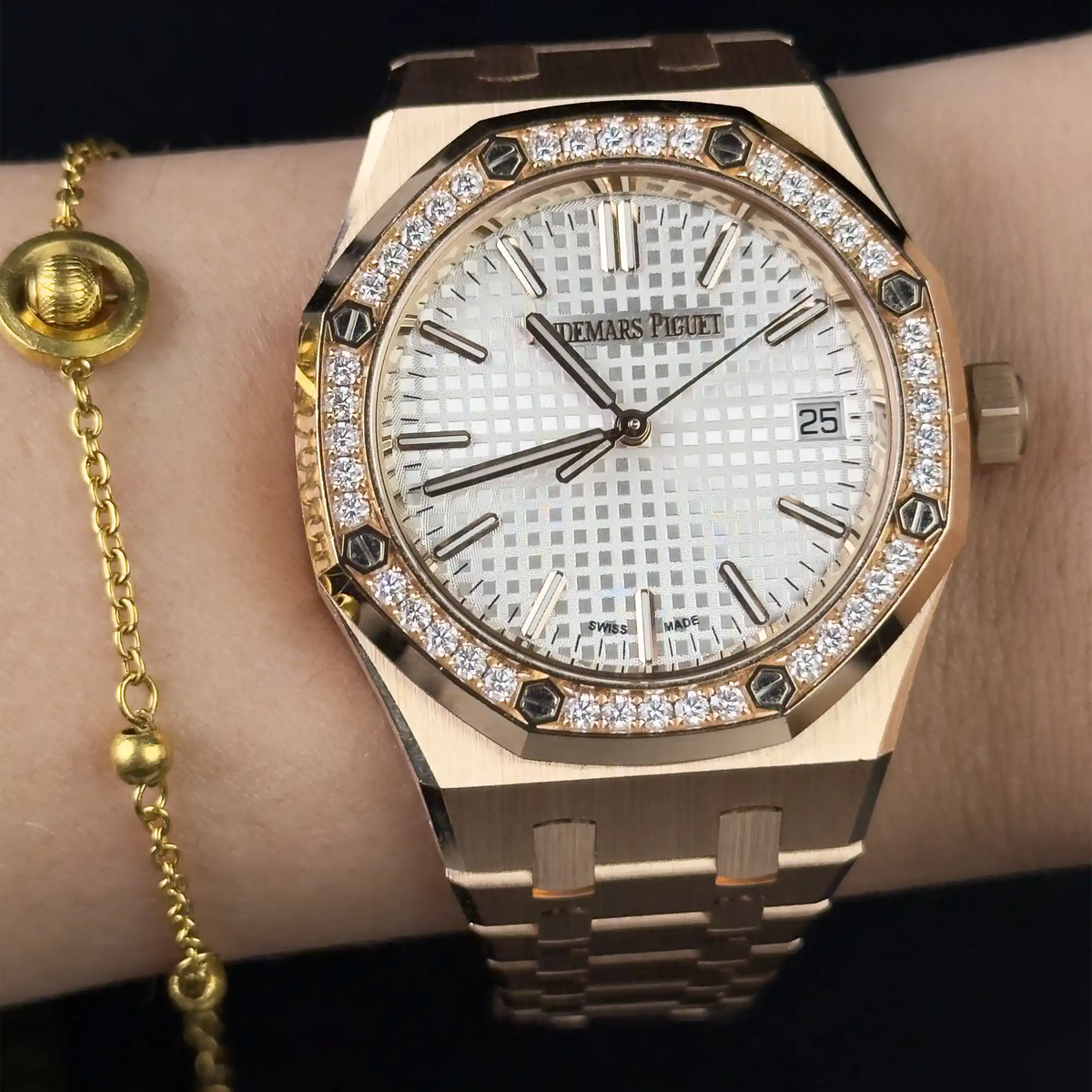 Audemars Piguet Royal Oak Silver Dial Rose Gold Diamond Bezel 15551OR.ZZ.1356OR.04 - 2026 Pre-Owned Mint - On wrist