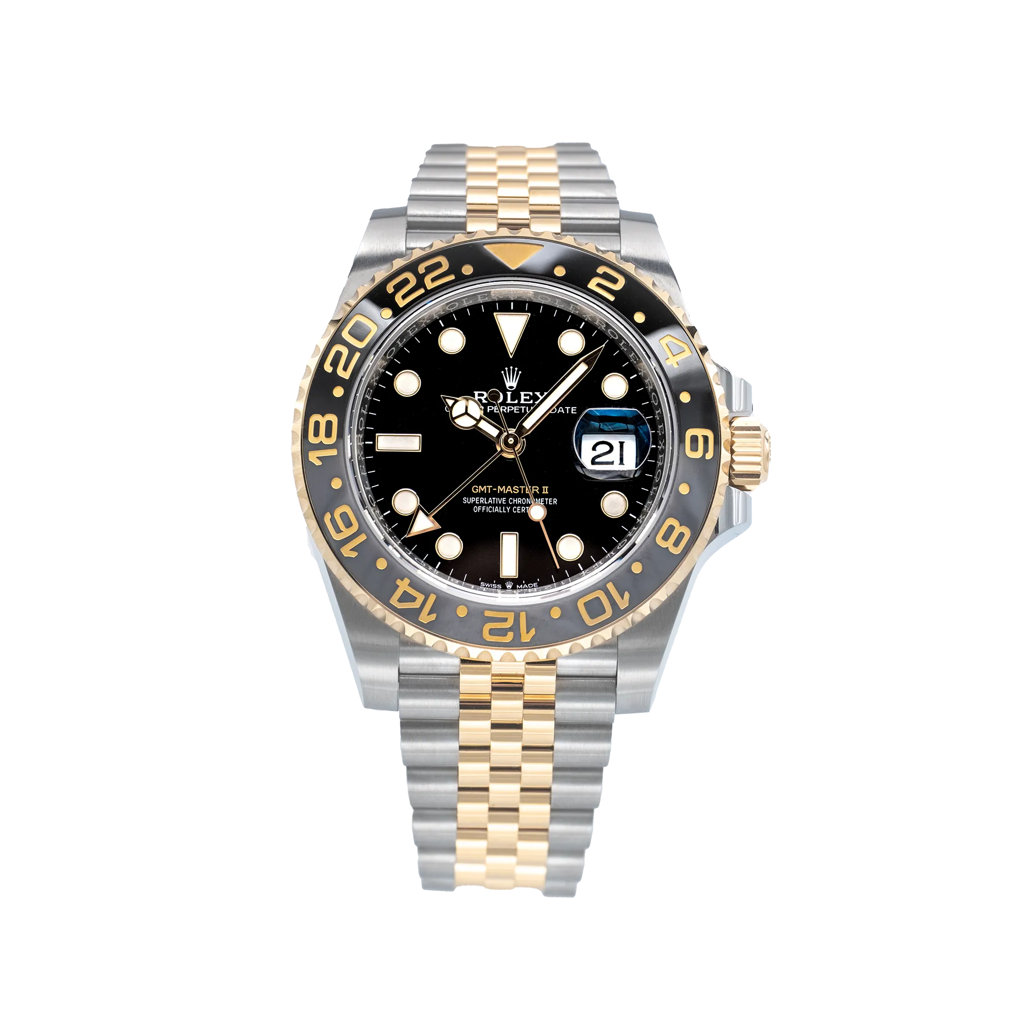 Front_-_Rolex_GMT_Master_II_Zombie_Bumblebee_126713GRNR_Two_Tone_Yellow_Gold_Jubilee