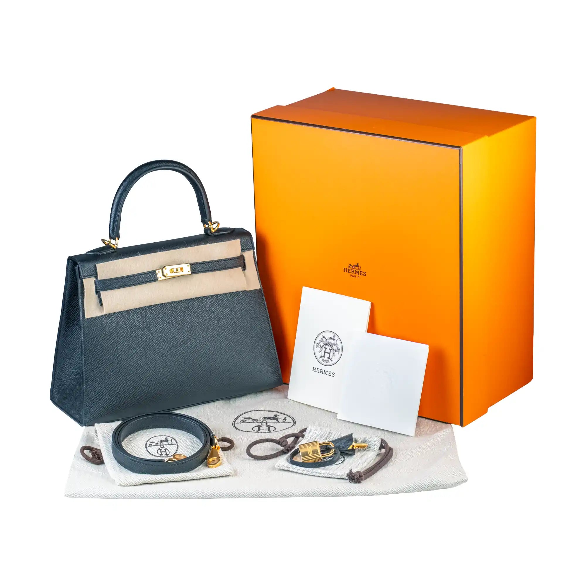 Hermes Kelly 25 Epsom Noir Gold Hardware - Full set