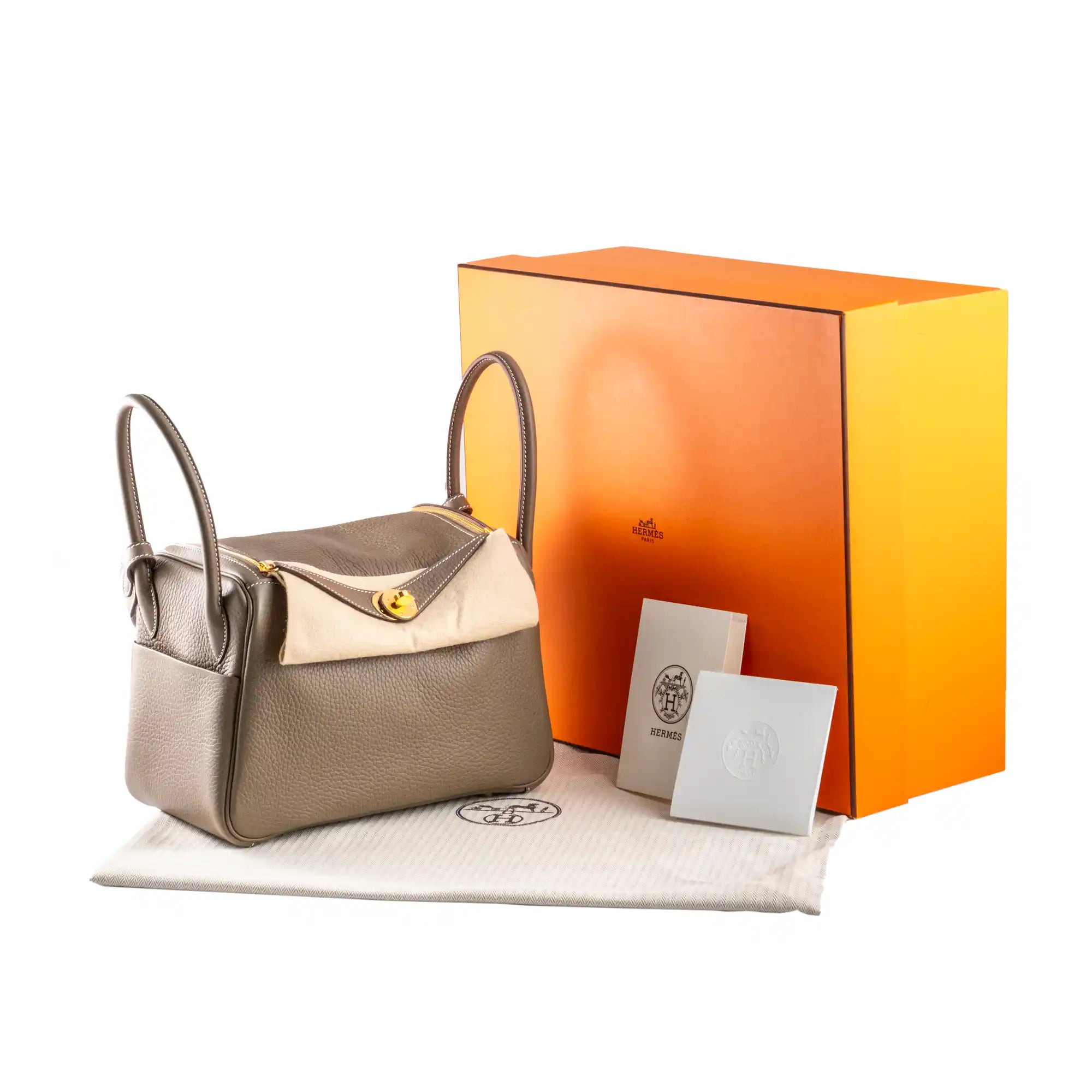 Hermes Lindy 26 Etoupe Clemence Leather Gold Hardware - Full set