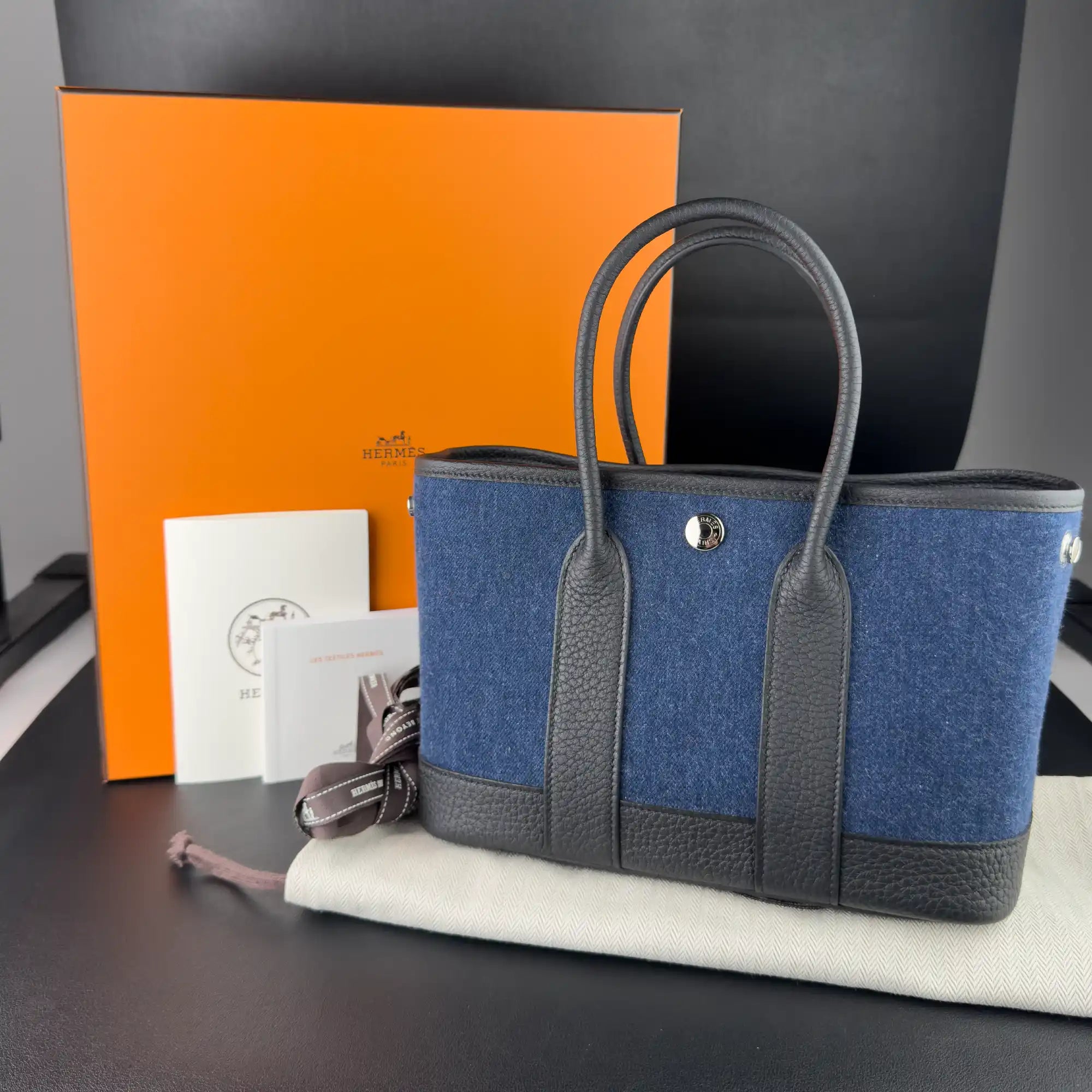 Hermes Mini Garden Party 23 Denim Black Strap Palladium Hardware - Full set