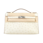 Hermes Mini Kelly Pochette Nata Ostrich White Palladium Hardware - Front with cover