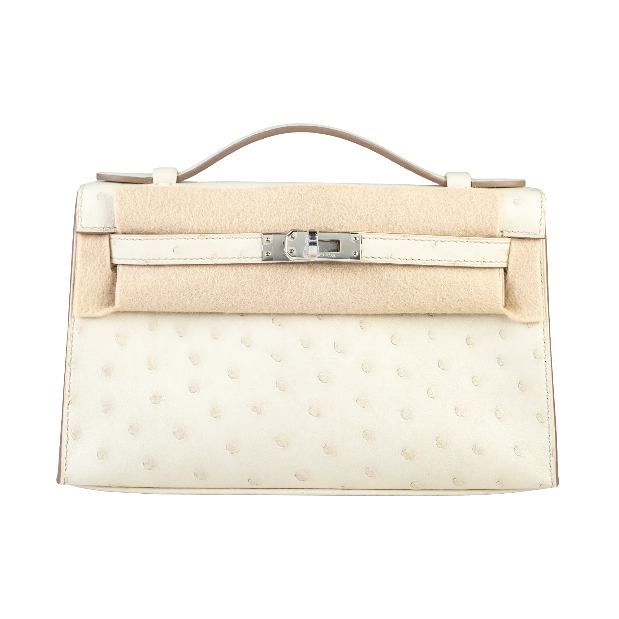Hermes Mini Kelly Pochette Nata Ostrich White Palladium Hardware - Front with cover