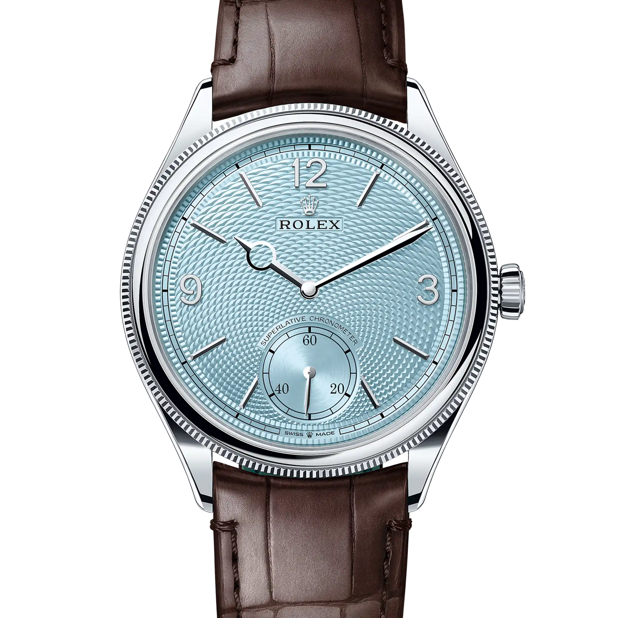 Rolex 1908 Platinum Ice Blue Dial Brown Alligator Strap 52506