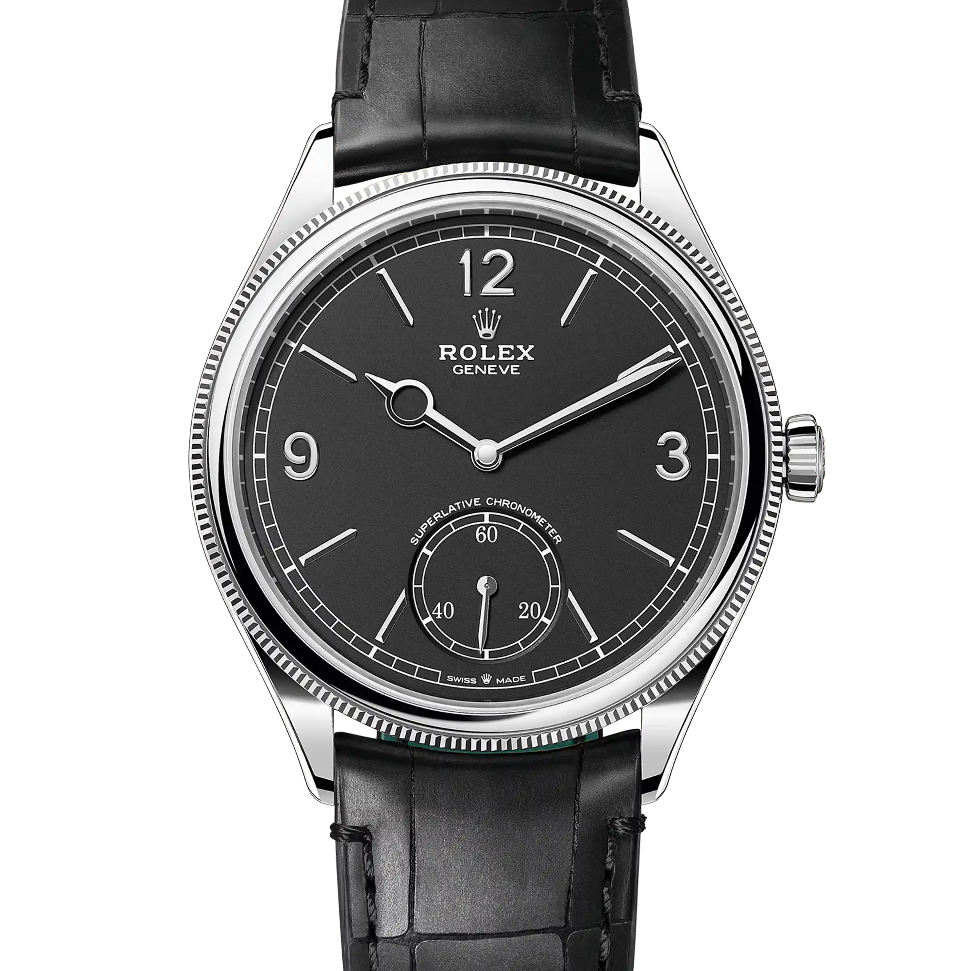 Rolex 1908 White Gold Black Dial Black Alligator Strap 52509