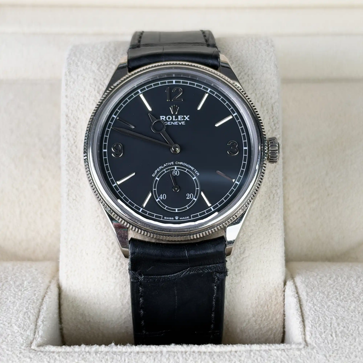 Rolex 1908 White Gold Black Dial Black Alligator Strap 52509 - 2024 Pre-Owned Mint - Front