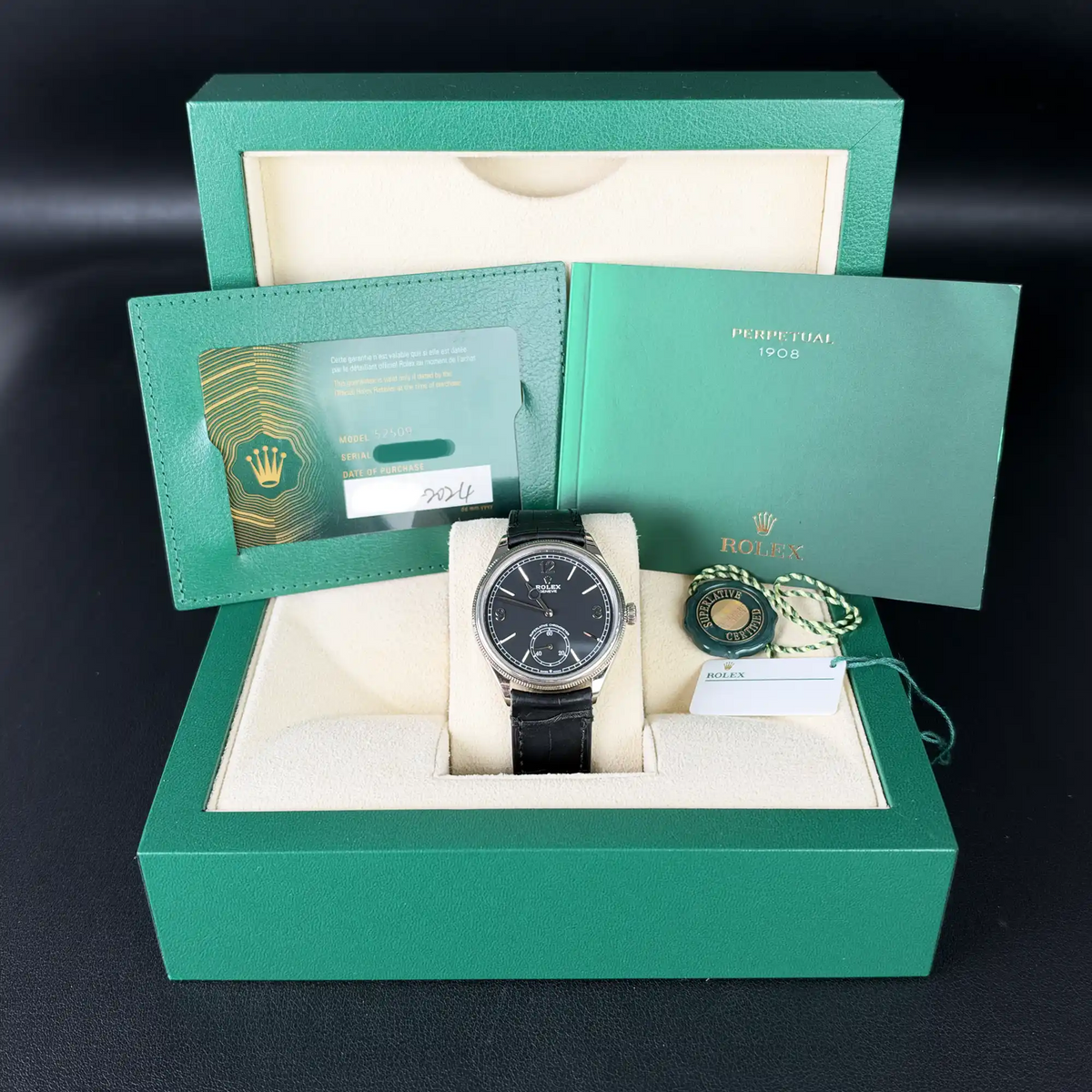 Rolex 1908 White Gold Black Dial Black Alligator Strap 52509 - 2024 Pre-Owned Mint - Full set