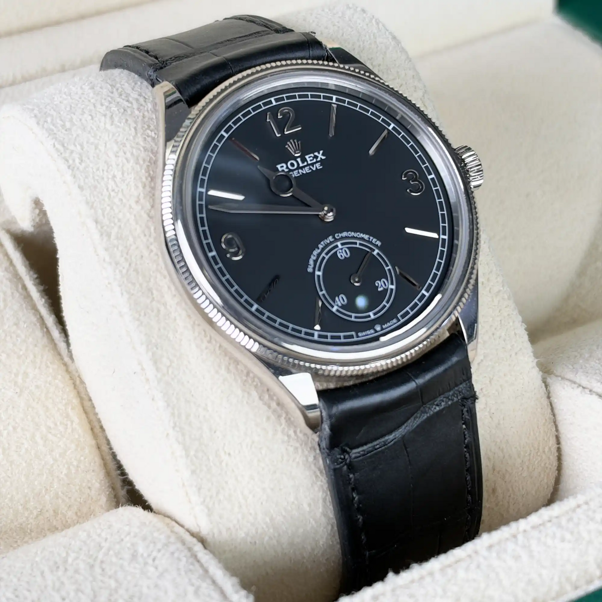 Rolex 1908 White Gold Black Dial Black Alligator Strap 52509 - 2024 Pre-Owned Mint - Left