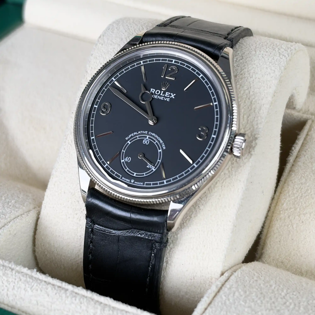 Rolex 1908 White Gold Black Dial Black Alligator Strap 52509 - 2024 Pre-Owned Mint - Right
