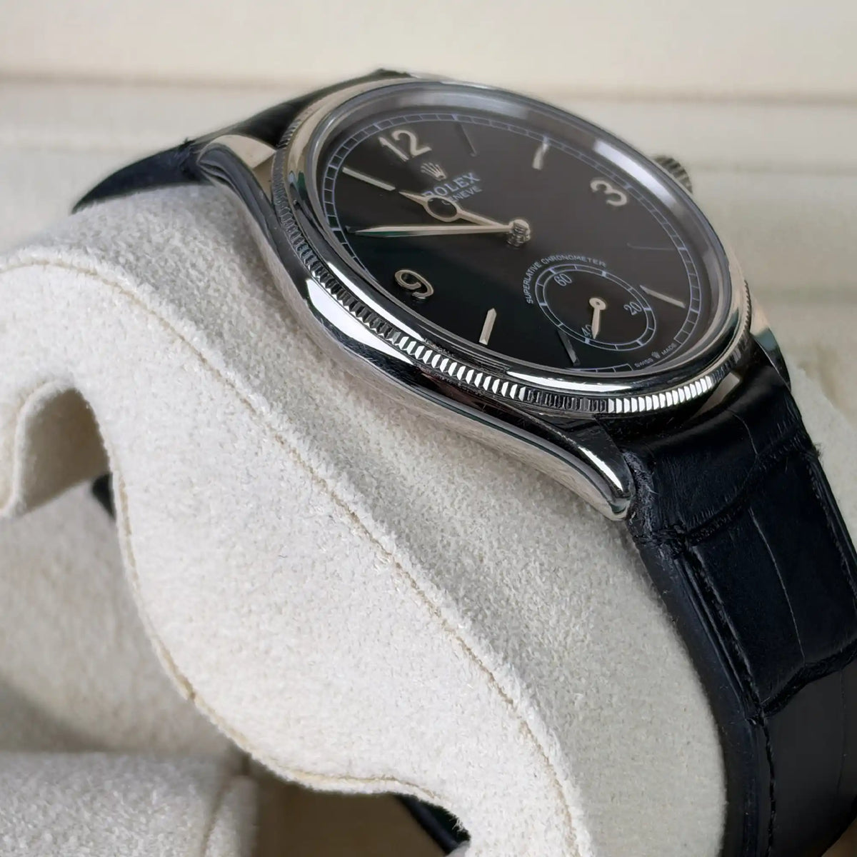 Rolex 1908 White Gold Black Dial Black Alligator Strap 52509 - 2024 Pre-Owned Mint - Side 1